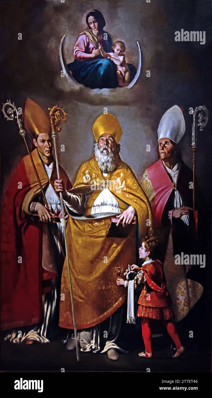 The bishops St. Januarius, St. Nicholas and St. Severo. 1614-18. Filippo Vitale 1585-1650. Italian painter. Baroque. Fine Art Museum,  Museo di Capodimonte, Naples, Italy. Stock Photo