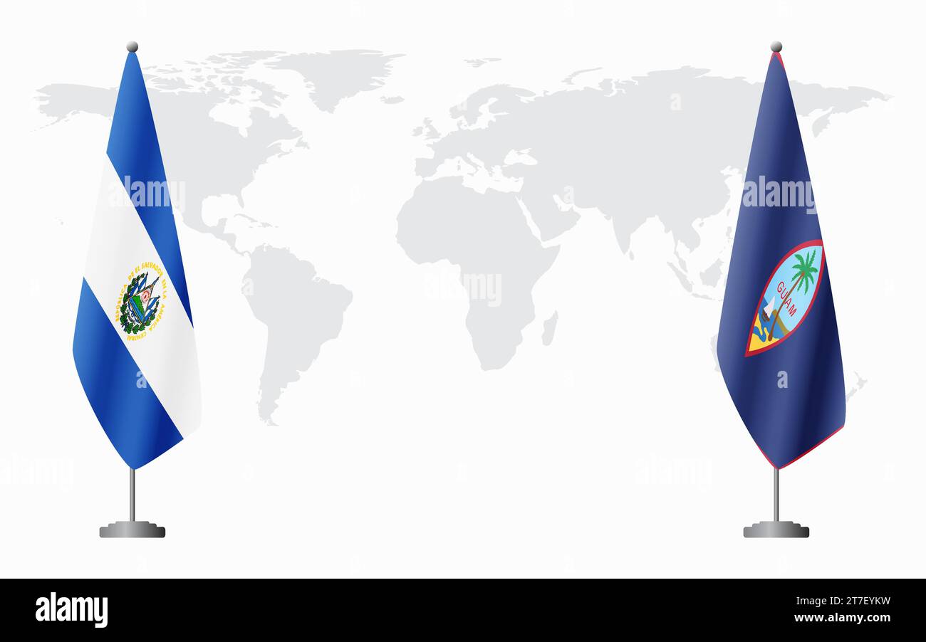El Salvador and Guam flags for official meeting against background of world map. Stock Vector