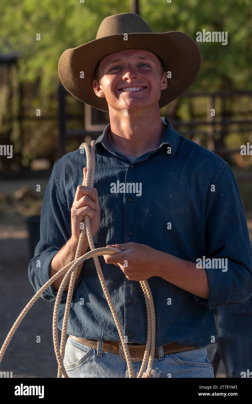 Hunter Cooley with his rope, White Stallion Ranch, Marana, Arizona Stock Photo