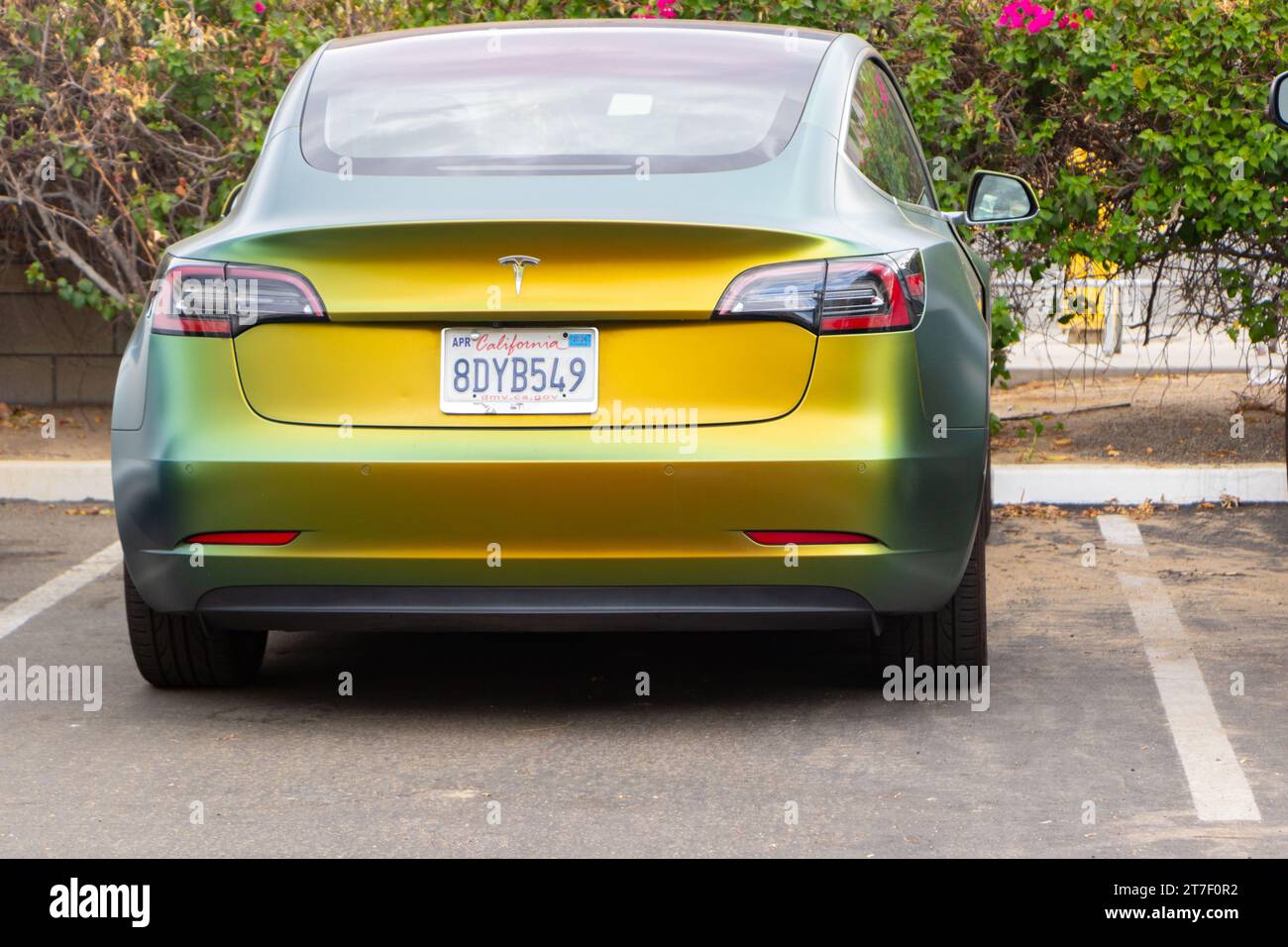 rear view green and yellow satin flip paint job on Tesla 3 car Stock
