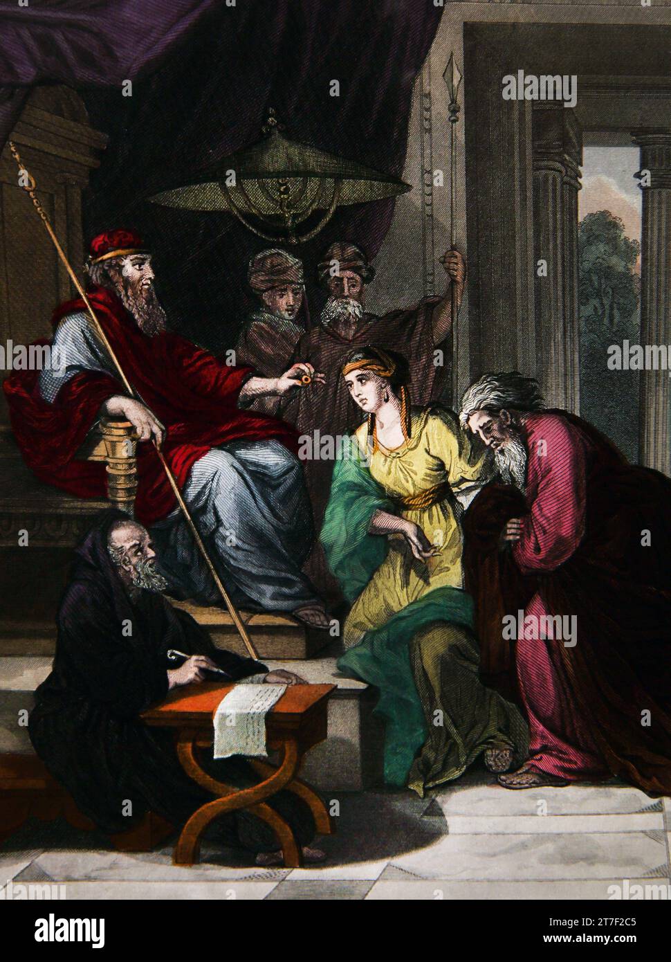 Illustration of Mordecai is Advanced (Esther) - King Ahasuerus giving his ring which he took from Haman and gave it to Mordecai and Esther gave Mordec Stock Photo
