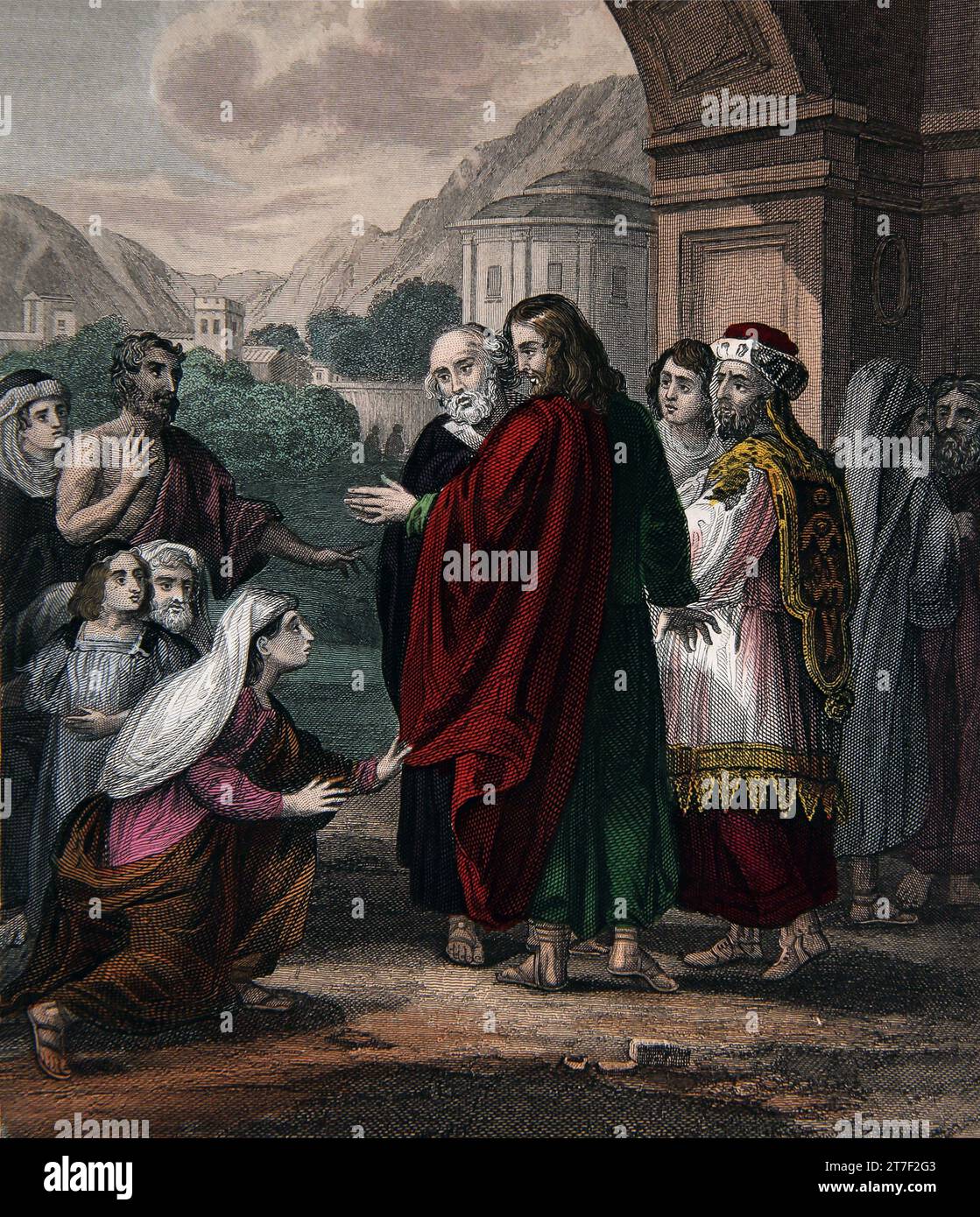 Illustration of A Woman who had been Bleeding and Suffering for 12 years Came up behind Jesus Christ and Touched the Hem of his Garment Believing  th Stock Photo