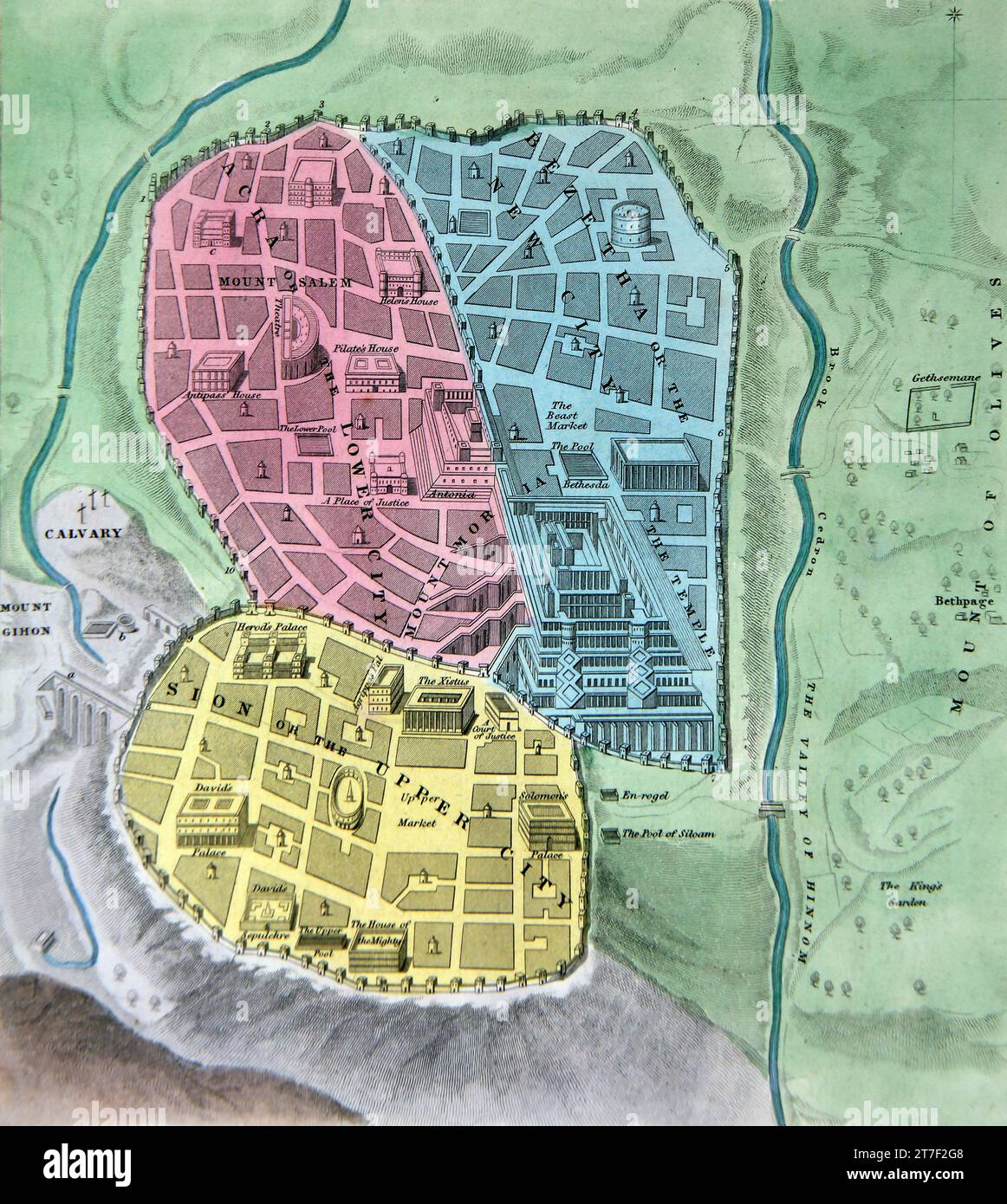 Illustration of a Plan of the Ancient City of Jerusalem Israel from the Self-Interpreting Family Bible Stock Photo