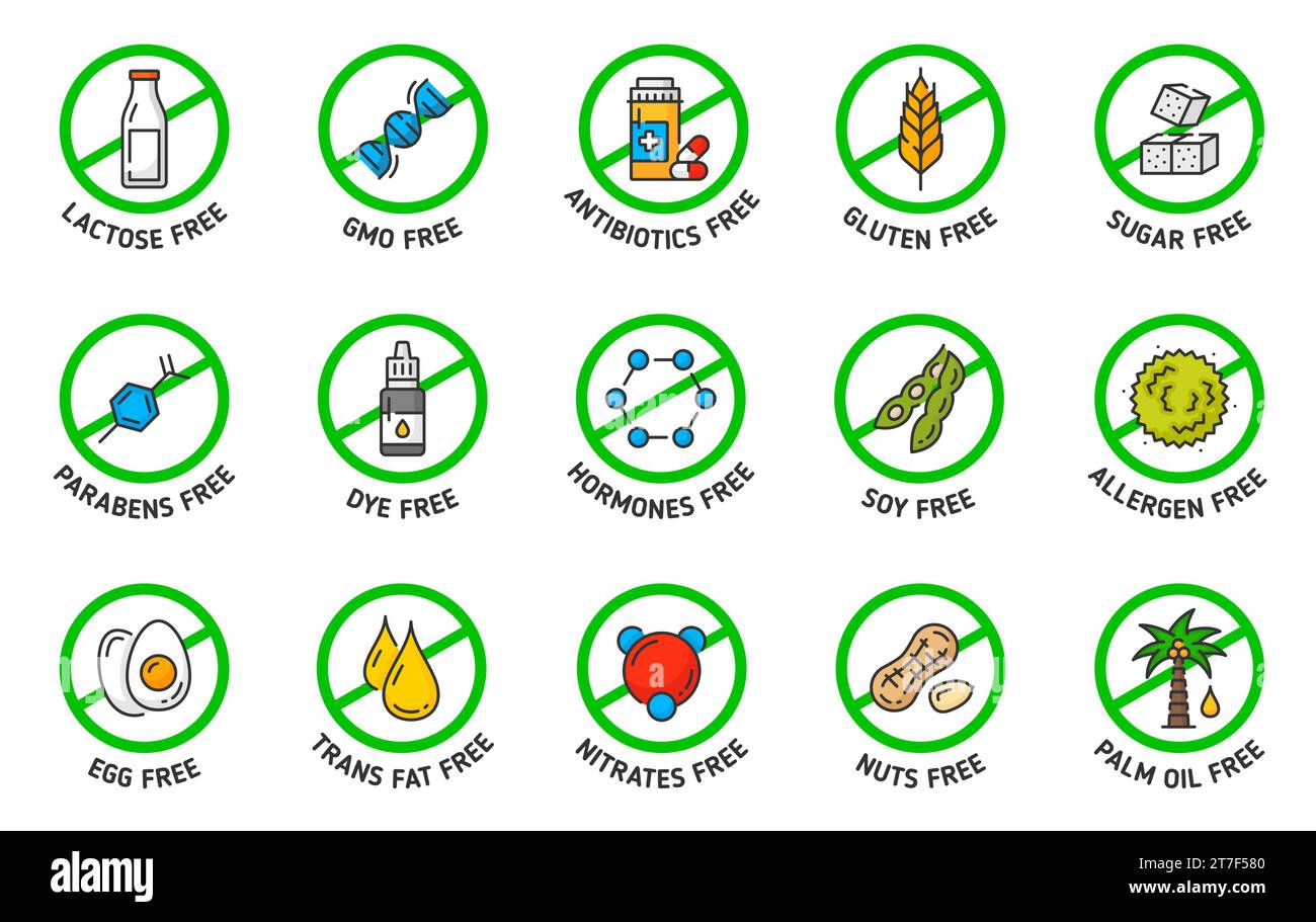 Sugar, gluten, GMO, lactose free icons and signs. Organic product, certified quality food vector pictogram. Soy, allergen, parabens and trans fats, nitrates, palm oil, DYE and hormones contain label Stock Vector
