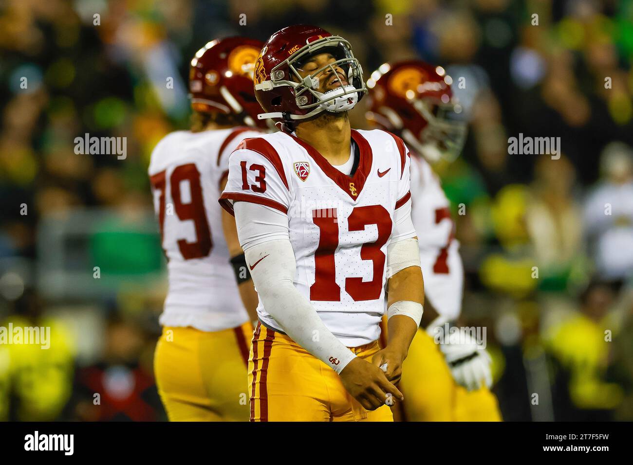 USC Trojans quarterback Caleb Williams (13) reacts during a college football regular season game against the Oregon Ducks, Saturday, November 11, 2023 Stock Photo