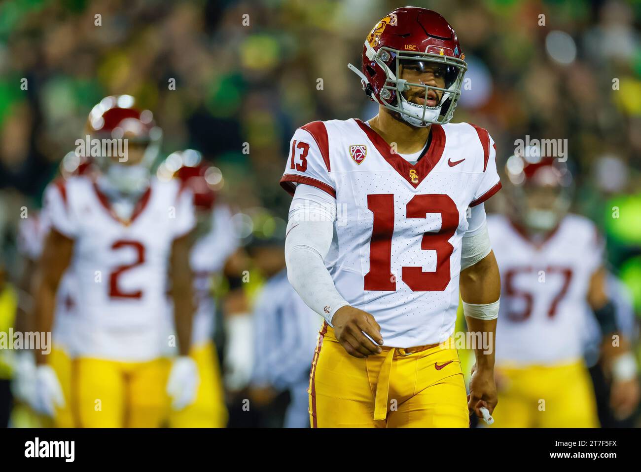 USC Trojans quarterback Caleb Williams (13) reacts during a college football regular season game against the Oregon Ducks, Saturday, November 11, 2023 Stock Photo