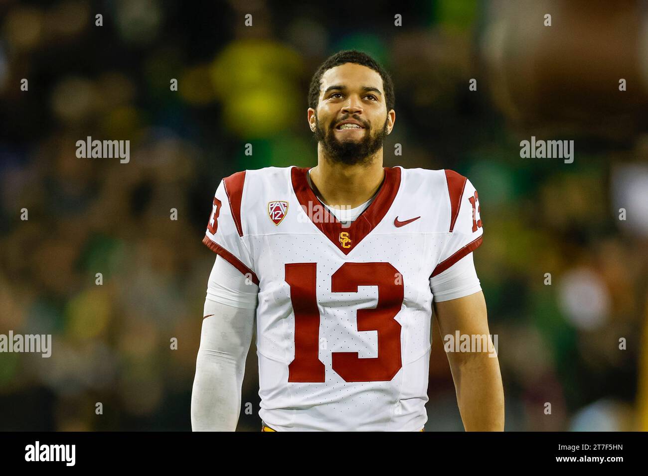 USC Trojans quarterback Caleb Williams (13) smiles during a college football regular season game against the Oregon Ducks, Saturday, November 11, 2023 Stock Photo