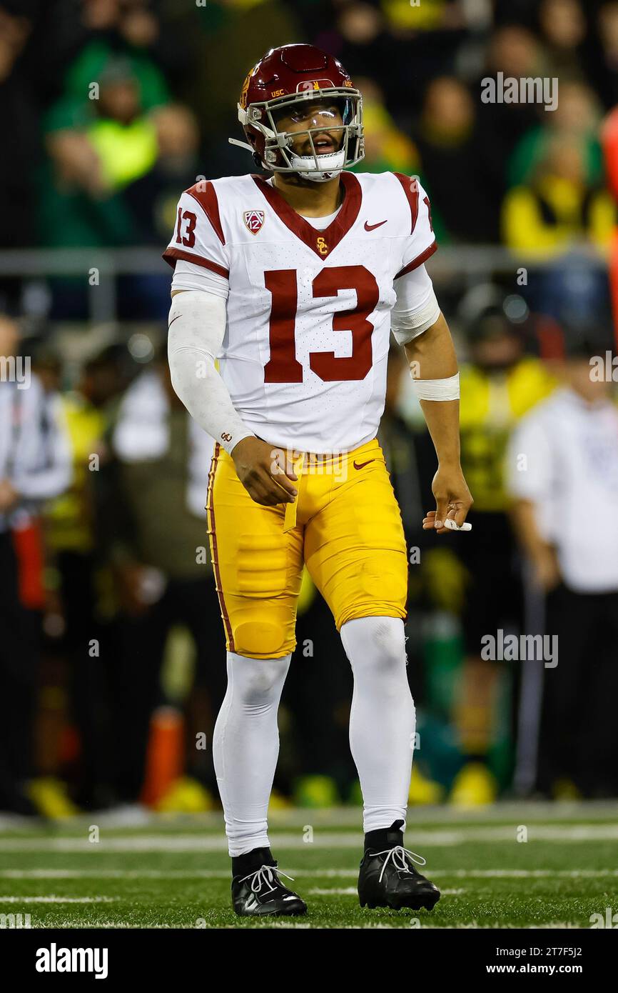 USC Trojans quarterback Caleb Williams (13) reacts during a college football regular season game against the Oregon Ducks, Saturday, November 11, 2023 Stock Photo