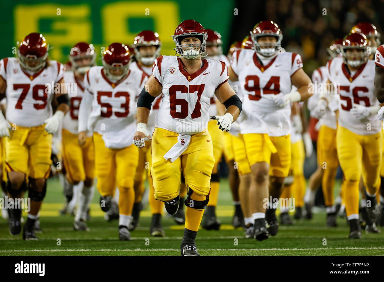 Members of the USC Trojans run out onto the field prior to a college football regular season game against the Oregon Ducks, Saturday, November 11, 202 Stock Photo