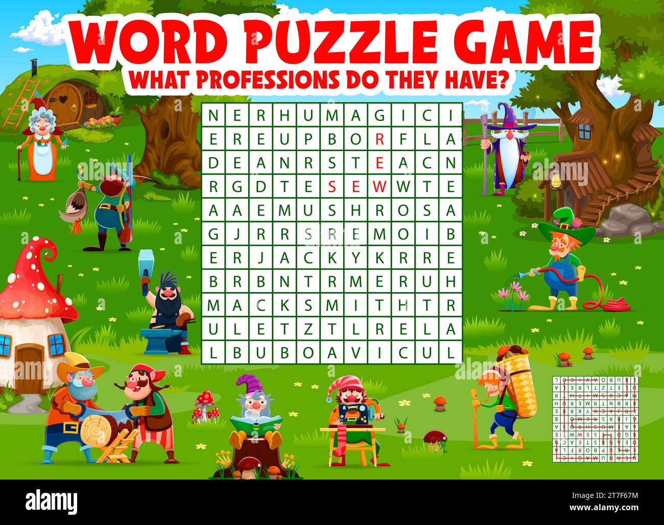 Word search puzzle game. Cartoon fairytale gnomes at village, grid quiz