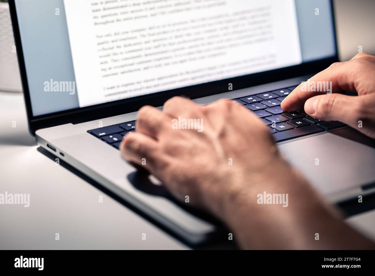 Writing text document, online content, book, letter or essay. Writer, journalist or freelance columnist with laptop. Resume, news article, report. Stock Photo