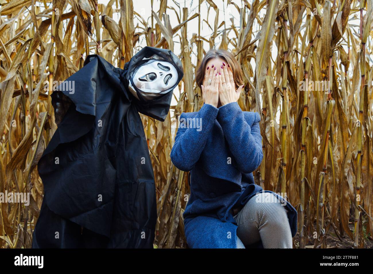 Woman covering her face with her hands near creepy scarecrow with mask of death in cornfield on Halloween Stock Photo