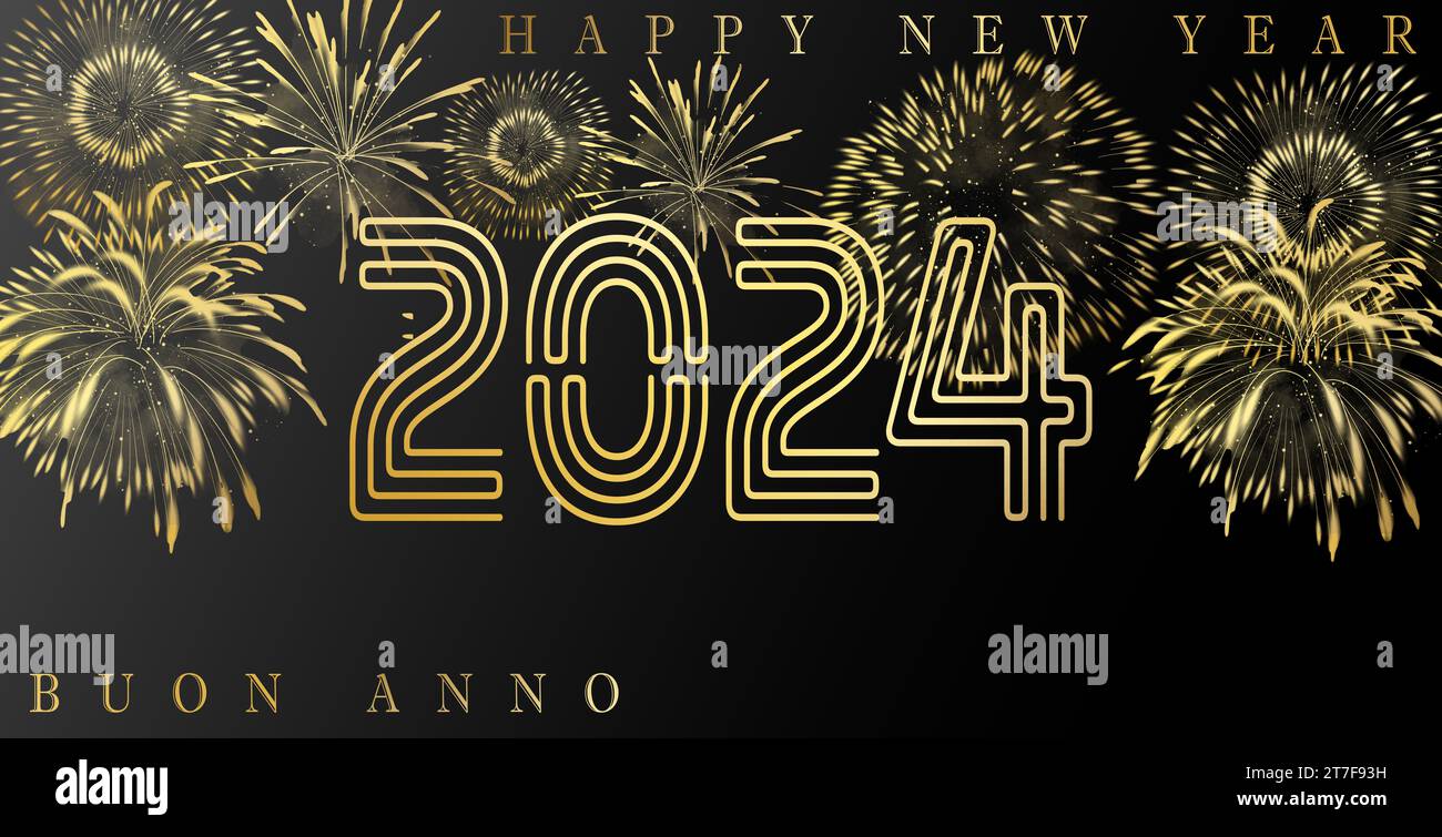 Happy New Year 2024. Golden numbers with ribbons and confetti on a dark purple background. Stock Photo