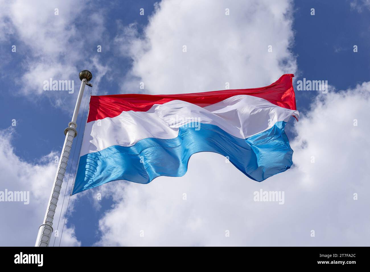 Luxembourg City, Luxembourg - Focus on the national flag of Luxembourg installed on the Aussichtsplattform Platz der Nation in Luxembourg City. Stock Photo