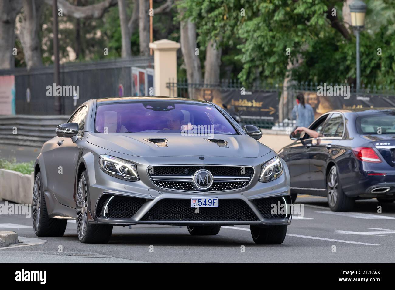Monte Carlo, Monaco - Matte grey Mercedes-Benz Mansory S 63 AMG Coupé parked on a street. Stock Photo