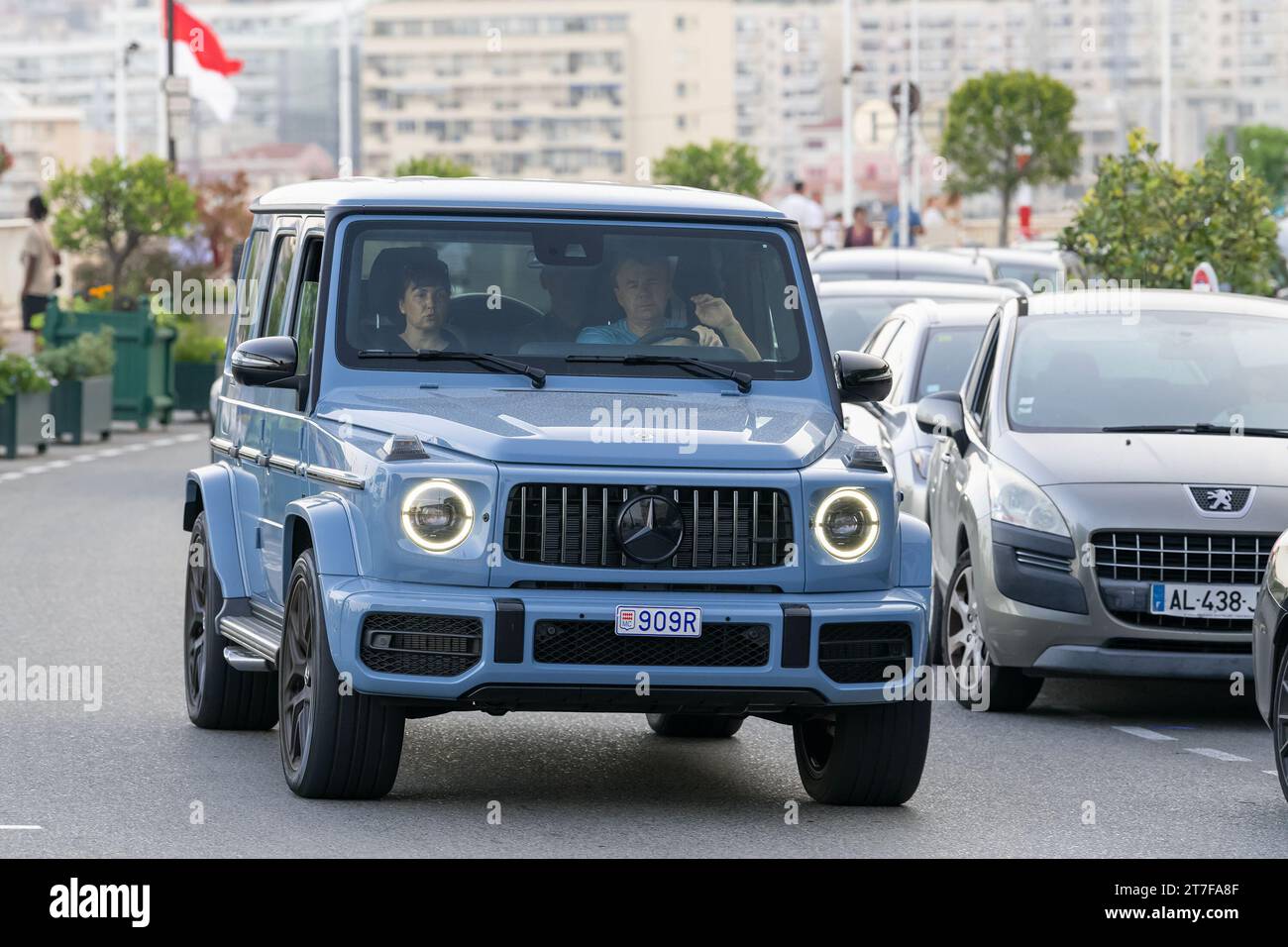 Monte Carlo, Monaco - Blue Mercedes-AMG G 63 driving on the road. Stock Photo