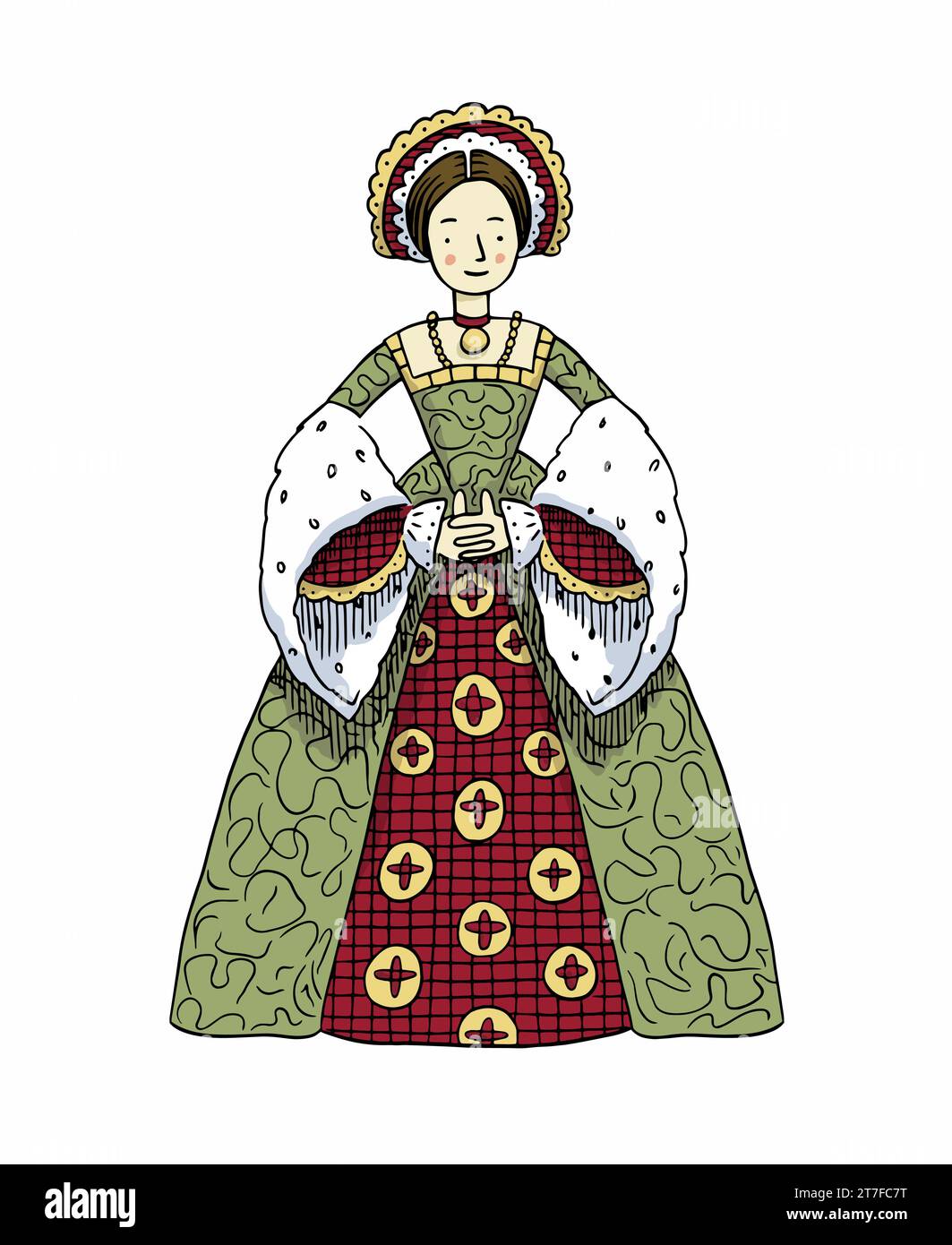 Hand Drawn Lady Tudor fashion - Medieval Woman Historical Costume Vector Illustration Stock Vector