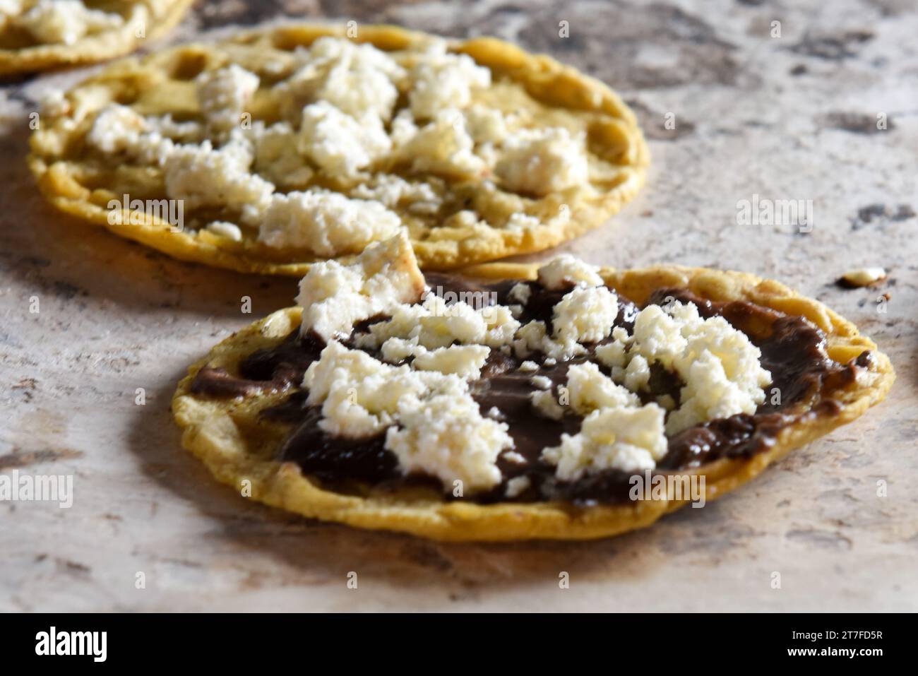 Chalupas with beans and cheese, Oaxaca Mexico Stock Photo