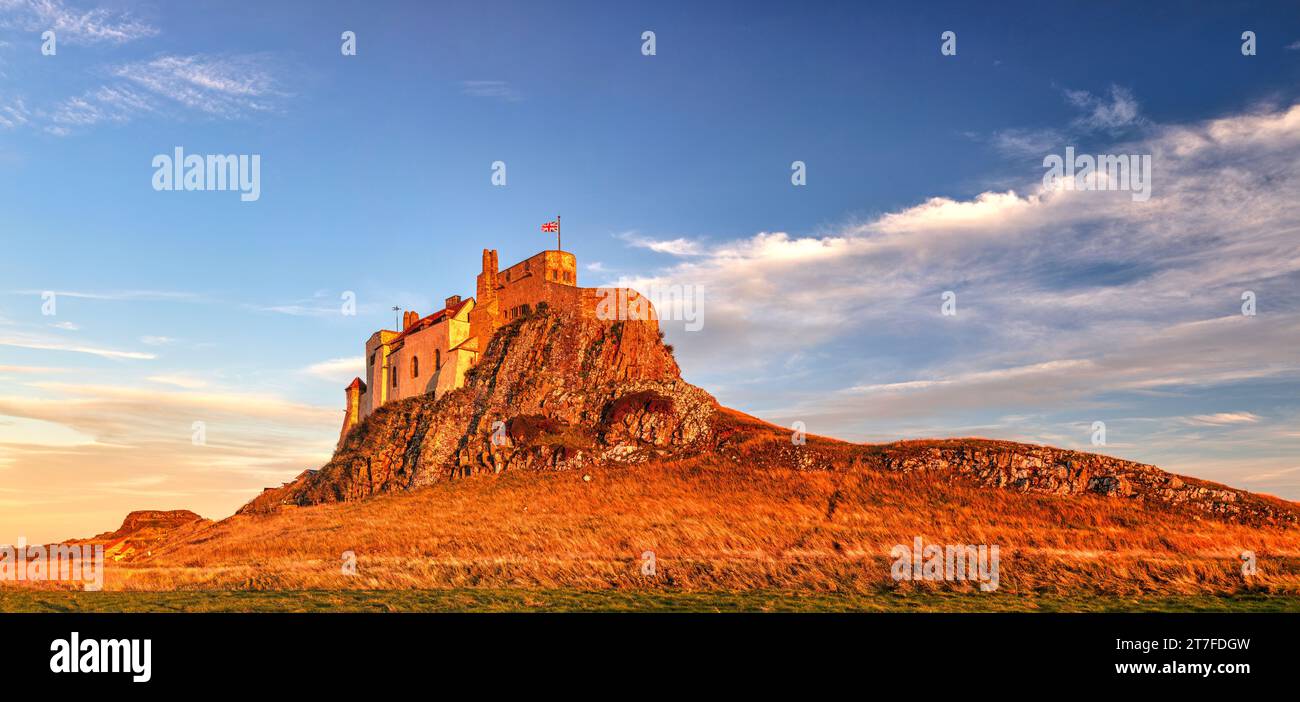 Daytime view in Summer of Lindisfarne Castle on the Holy Island of Lindisfarne in Northumberland