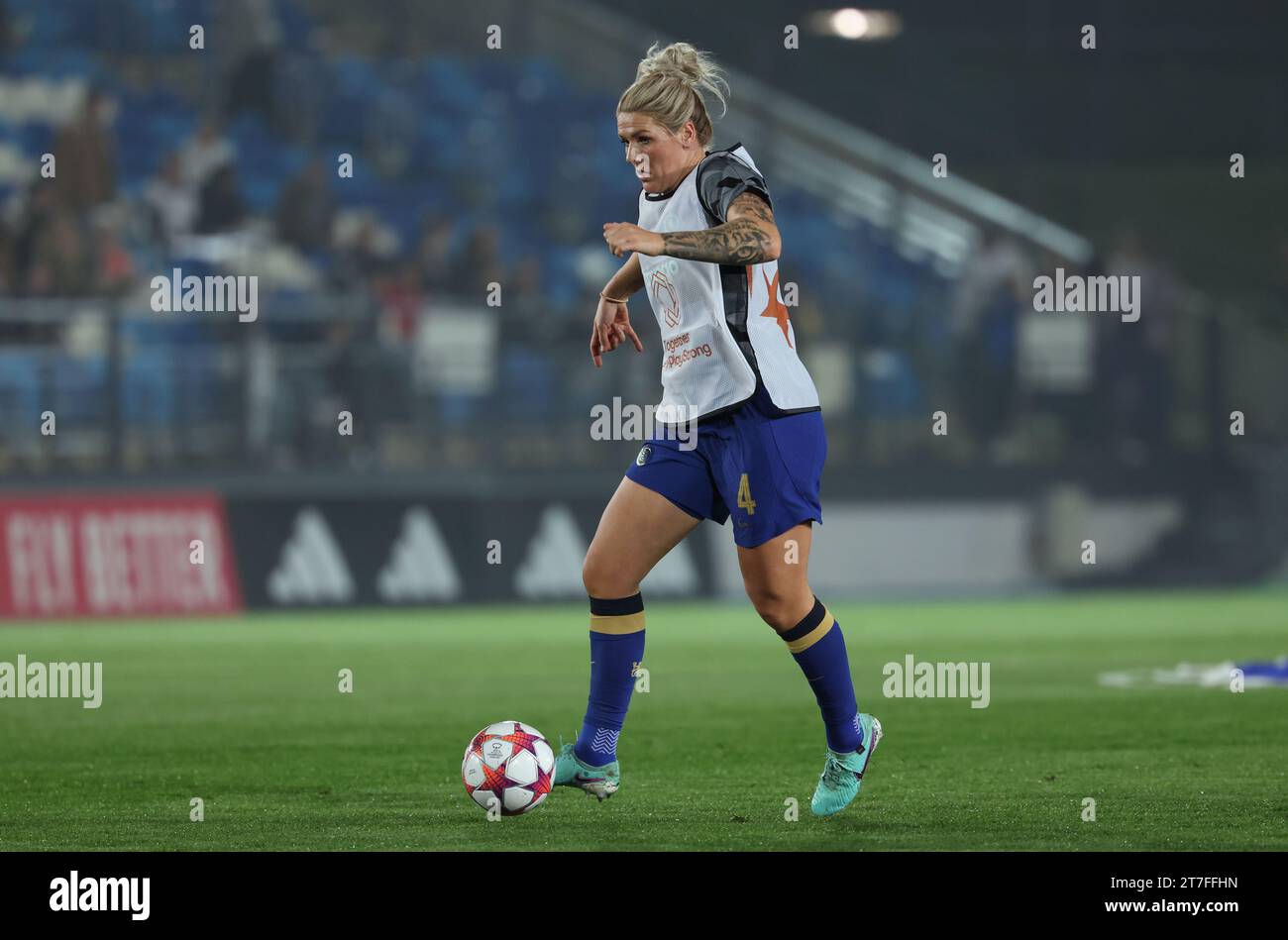Chelsea's Millie Bright warming up before the UEFA Women's Champions League Group D match at the Estadio Alfredo Di Stefano in Madrid, Spain. Picture date: Wednesday November 15, 2023. Stock Photo
