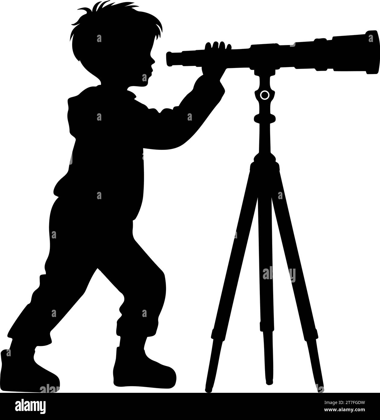 Boy looking through telescope silhouette. Vector illustration Stock Vector