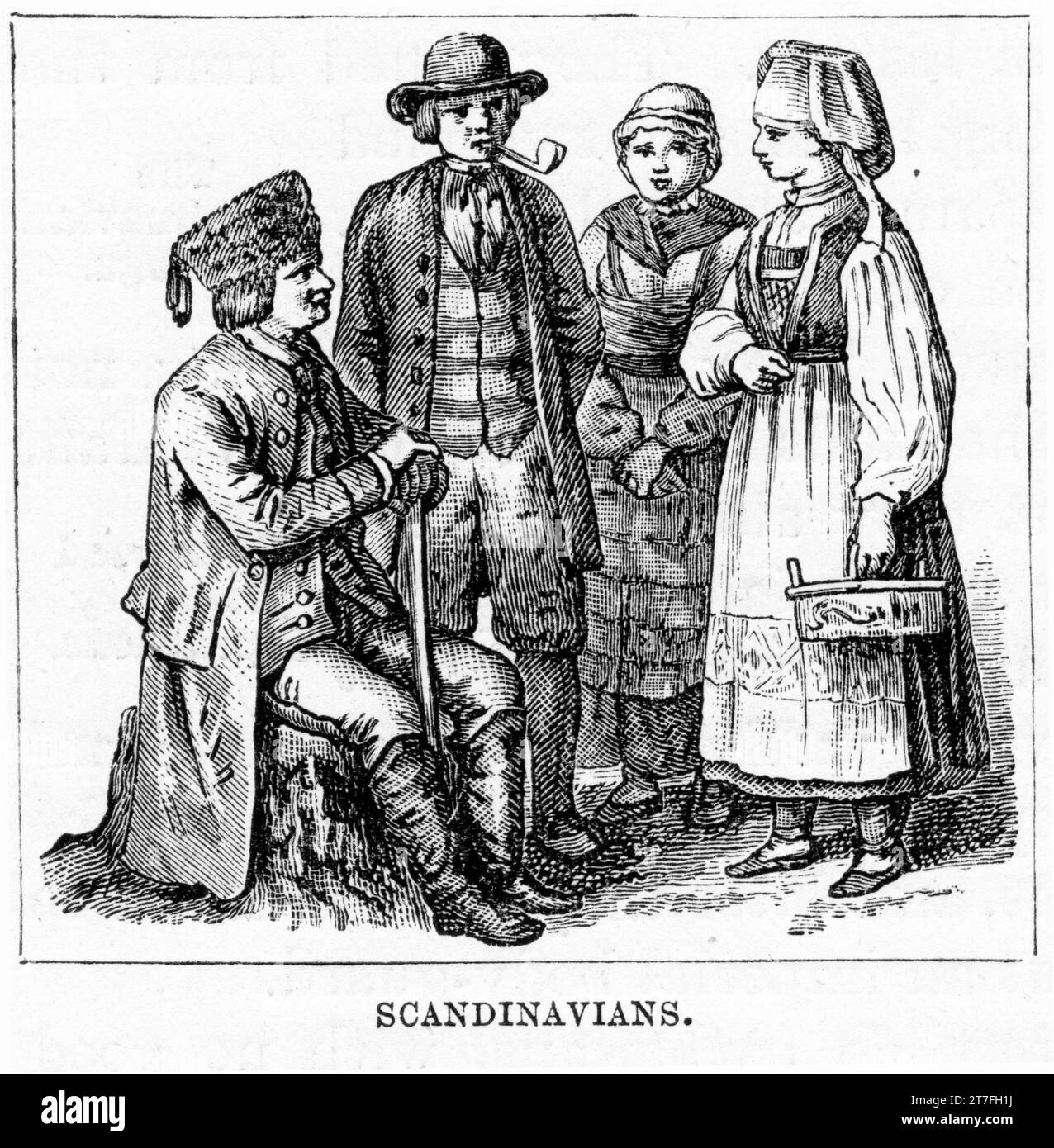 Engraving of Scandiavians in traditional costume, published  1887 Stock Photo