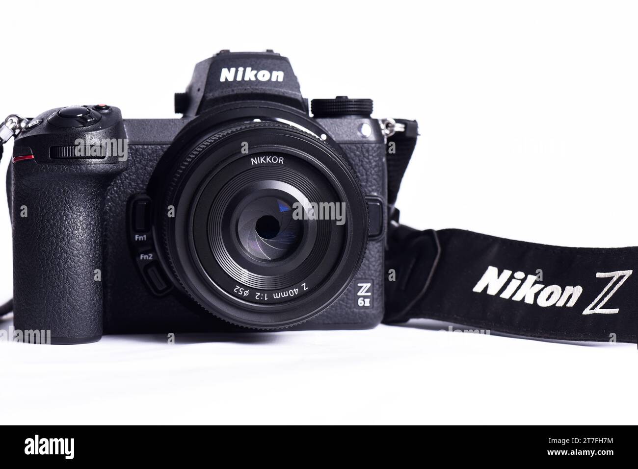 Nikon Z6 II (version 2) camera photograph confrontation and competition between cameras. White background. The best mirrorless cameras from top brands Stock Photo