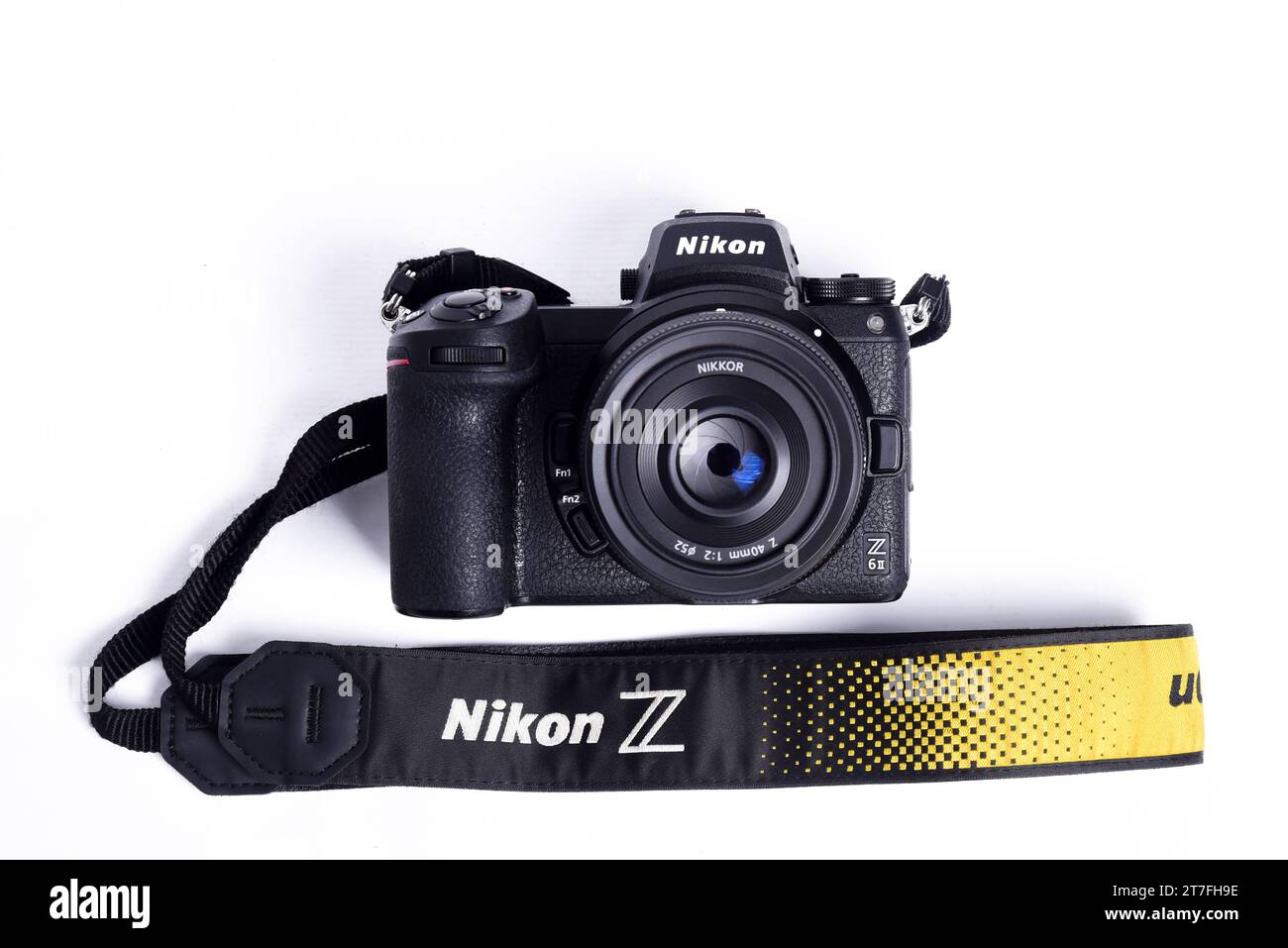 Nikon Z6 II (version 2) camera photograph confrontation and competition between cameras. White background. The best mirrorless cameras from top brands Stock Photo