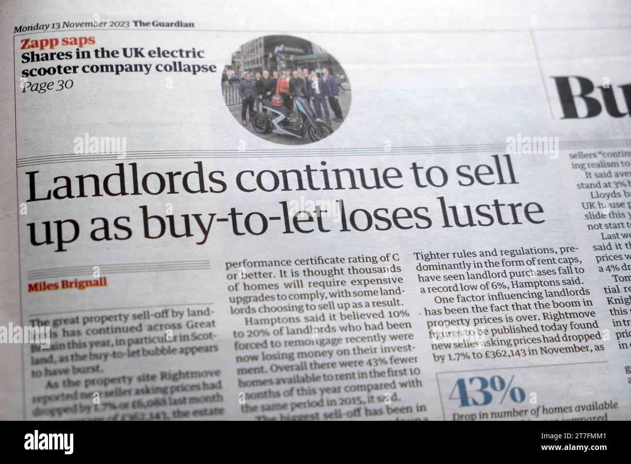 'Landlords continue to sell up as buy-to-let loses lustre' Guardian newspaper headline cost of living housing market article13 November 2023  UK Stock Photo