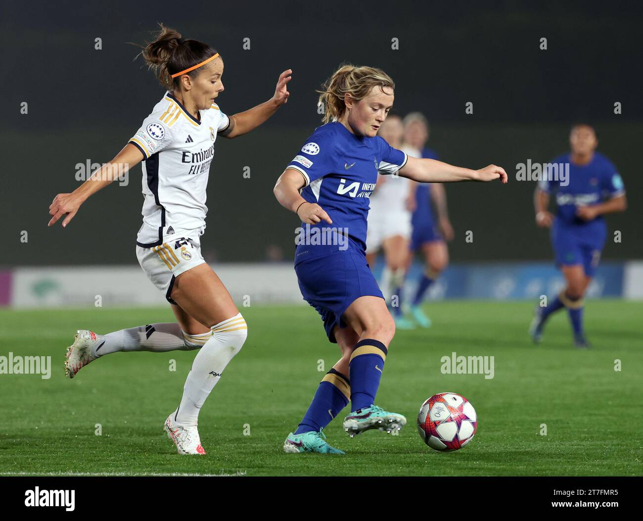Real Madrid's Claudia Zornoza (left) and Chelsea's Erin Cuthbert in action during the UEFA Women's Champions League Group D match at the Estadio Alfredo Di Stefano in Madrid, Spain. Picture date: Wednesday November 15, 2023. Stock Photo