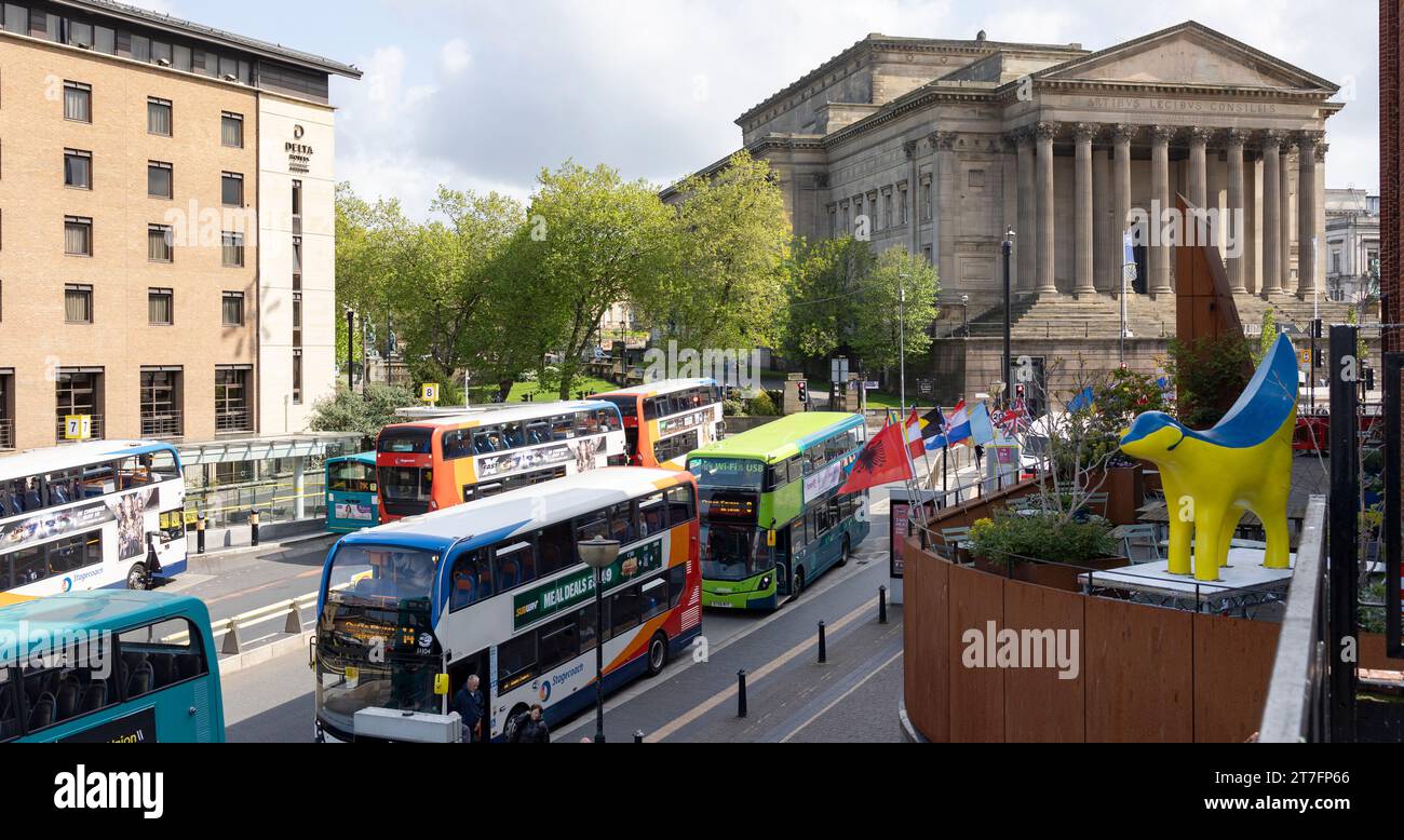 Liverpool, united kingdom May, 16, 2023 Queen Square Bus Station, Hood Street. A major travel hub with thirteen stands in the city centre. Stock Photo