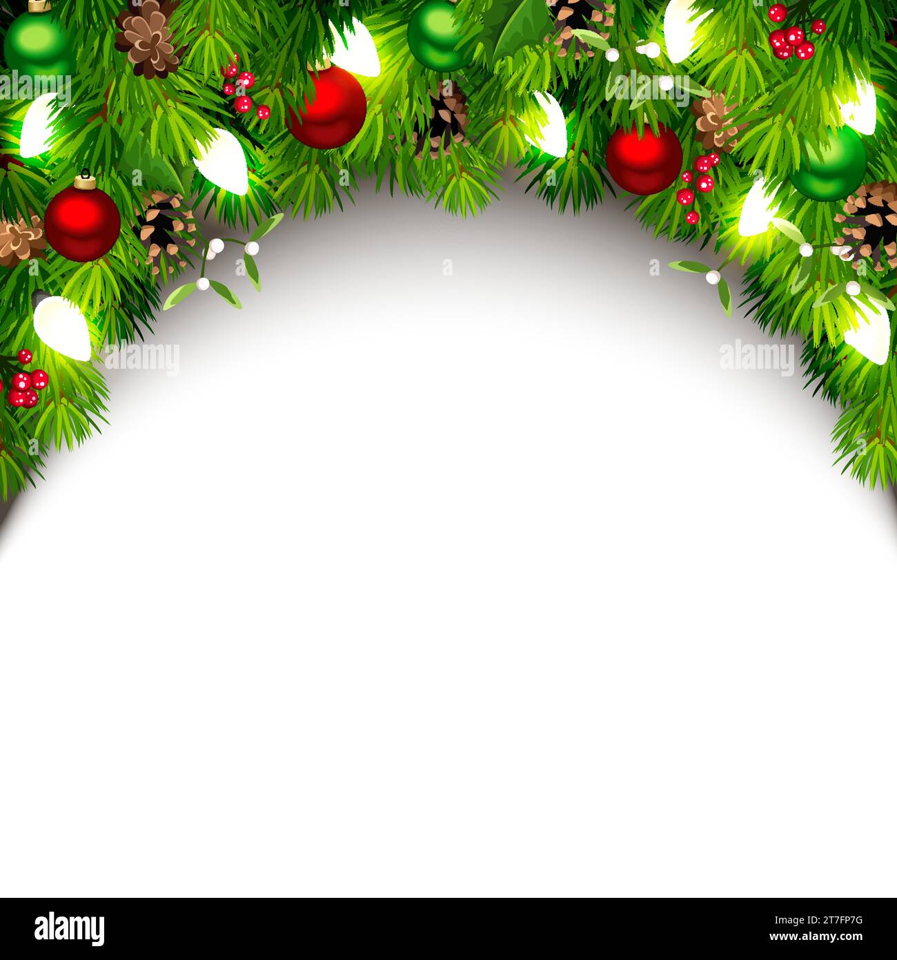 Christmas background with green fir branches, red and green balls, pine ...