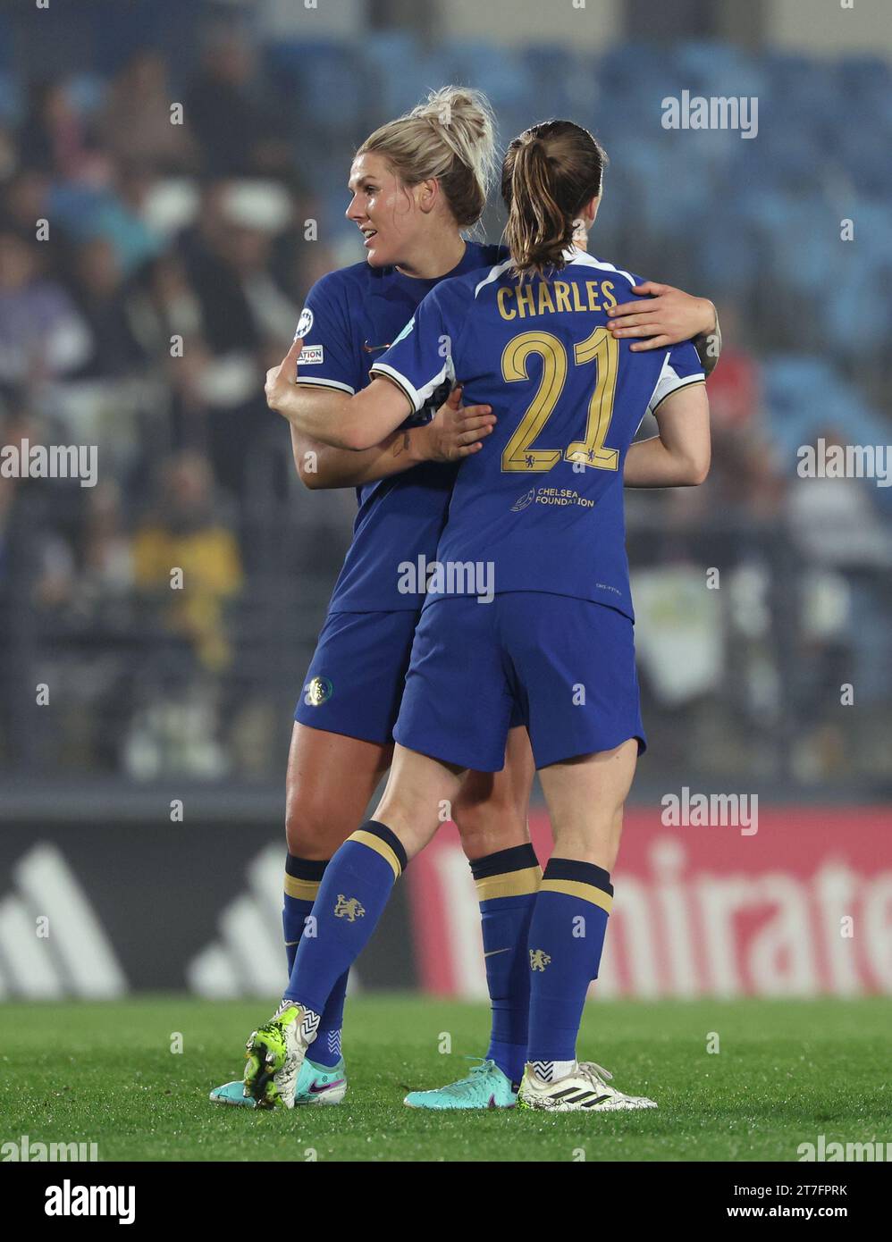 Chelsea's Niamh Charles celebrates with Millie Bright after scoring their side's first goal of the game during the UEFA Women's Champions League Group D match at the Estadio Alfredo Di Stefano in Madrid, Spain. Picture date: Wednesday November 15, 2023. Stock Photo