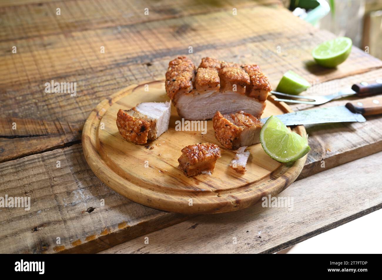 pork rinds, pururuca fried pork skin, pork panceta brazilian food Stock