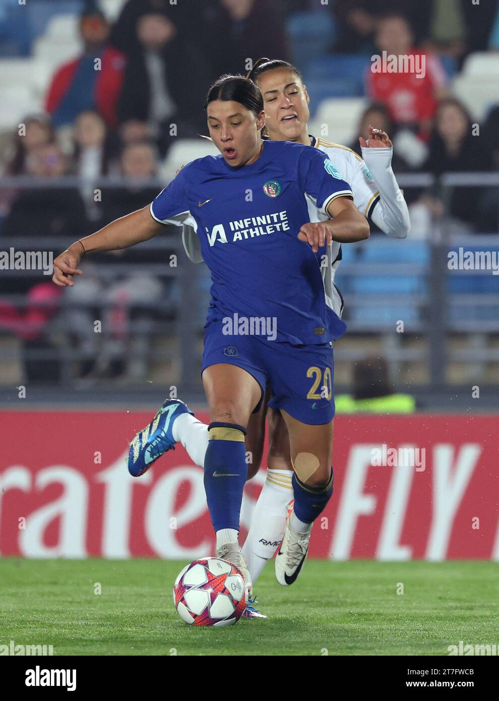 Chelsea's Sam Kerr (left) and Real Madrid's Kathellen battle for the ball during the UEFA Women's Champions League Group D match at the Estadio Alfredo Di Stefano in Madrid, Spain. Picture date: Wednesday November 15, 2023. Stock Photo