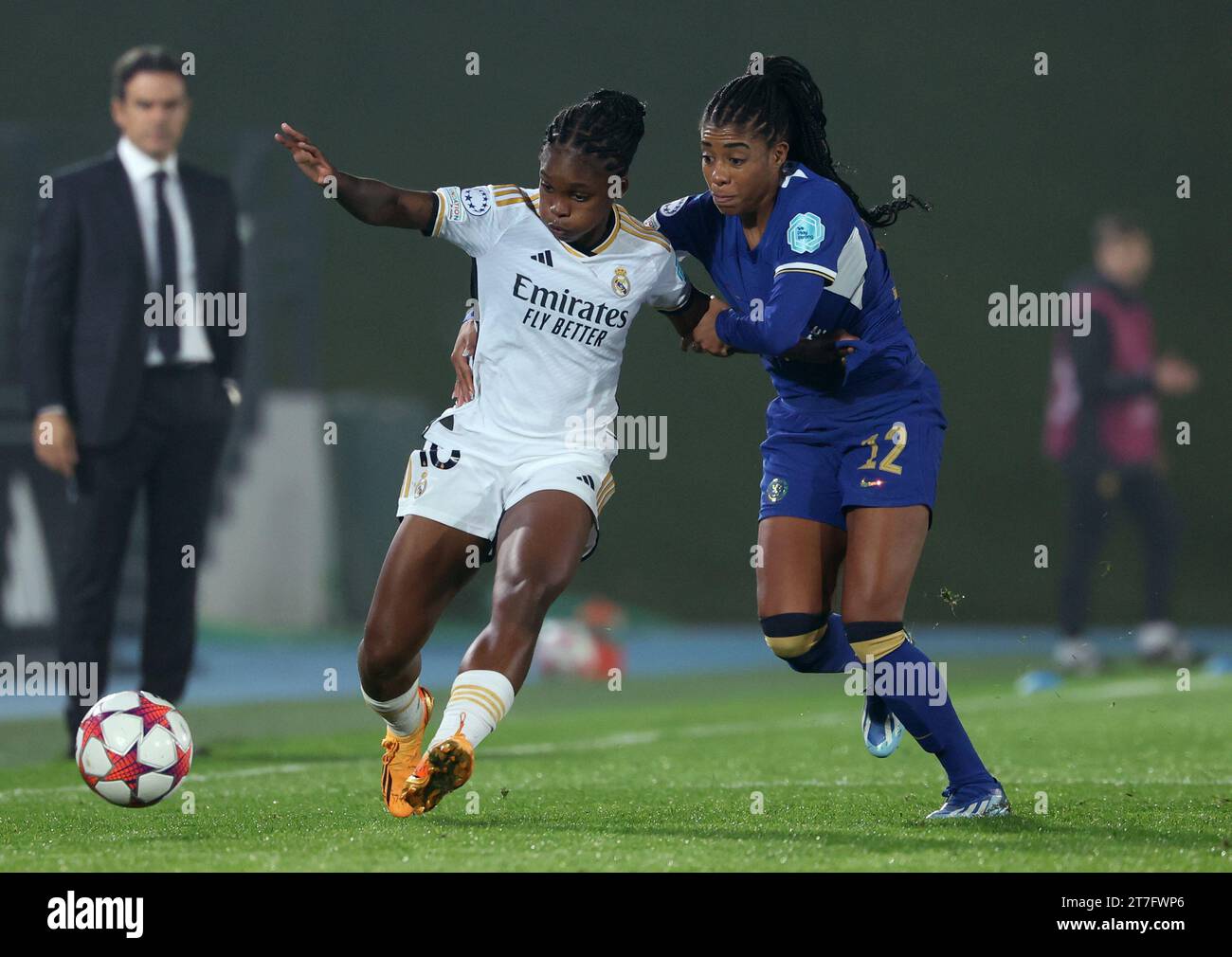 Real Madrid's Linda Caicedo (left) and Chelsea's Ashley Lawrence in action during the UEFA Women's Champions League Group D match at the Estadio Alfredo Di Stefano in Madrid, Spain. Picture date: Wednesday November 15, 2023. Stock Photo