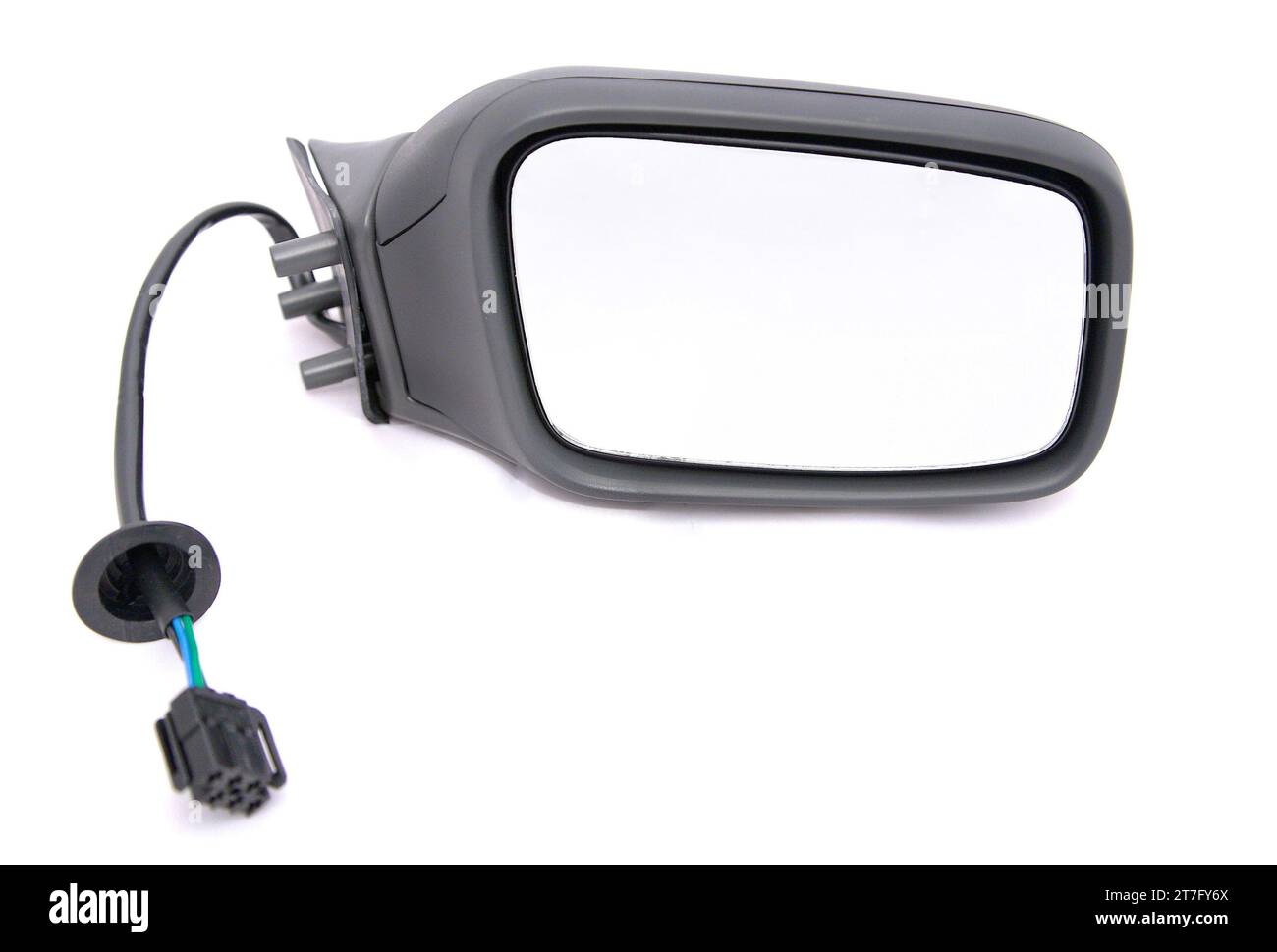 front on view of a car wing mirror with electric cable showing Stock