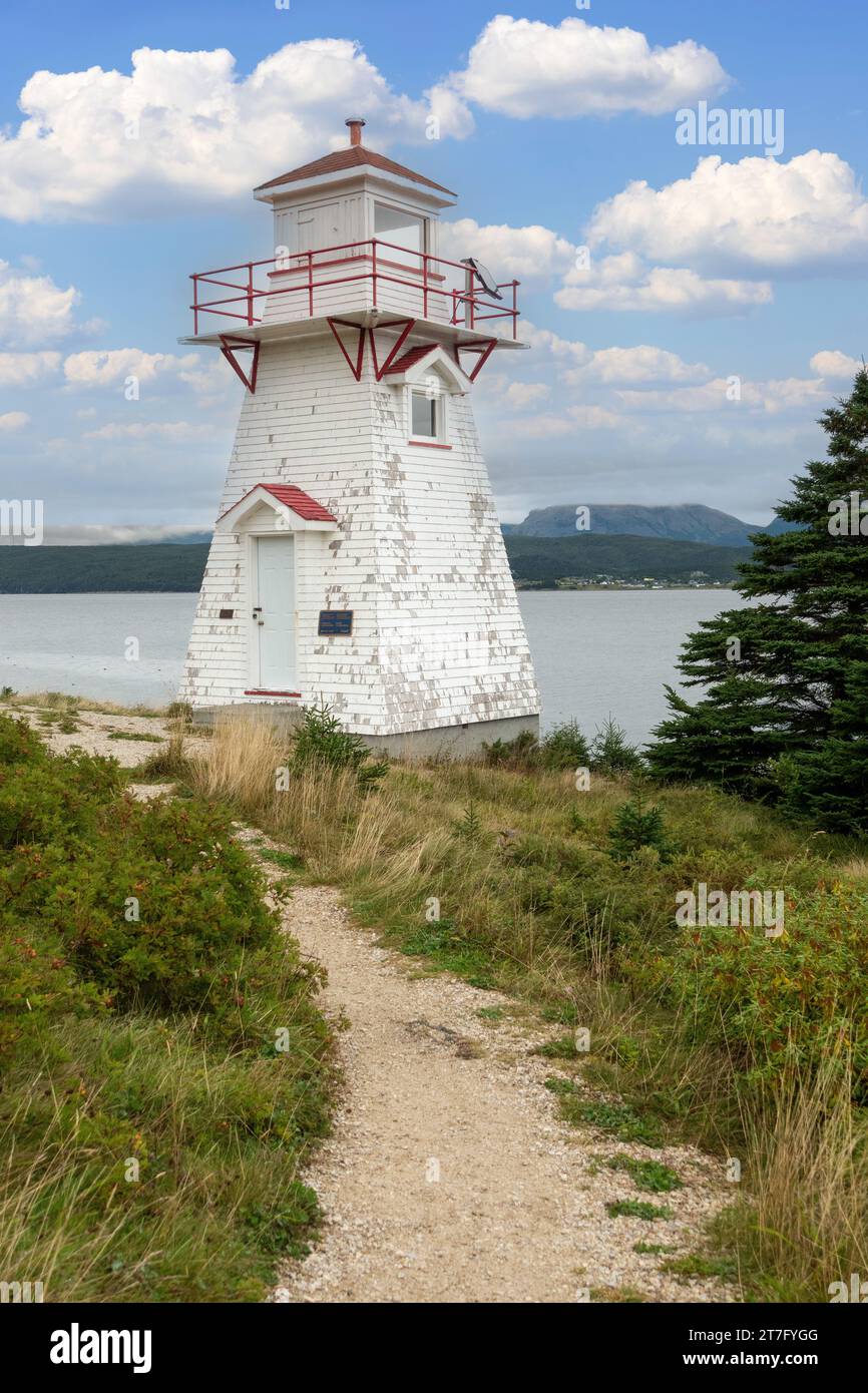 Woody Point Lighthouse Newfoundland, Canada, Overlooking Bonne Bay, Woody Point, Lighthouse Is A Heritage Listed Lighthouse Stock Photo