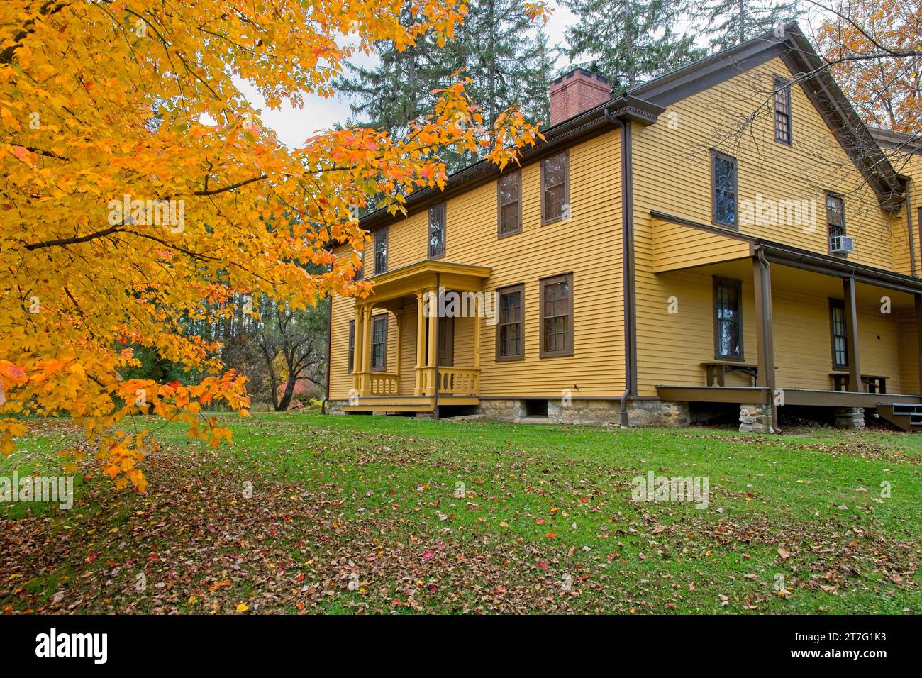 Herman Melville’s 18th century Arrowhead farmhouse surrounded with autumn colored trees in Pittsfield Massachusetts Stock Photo