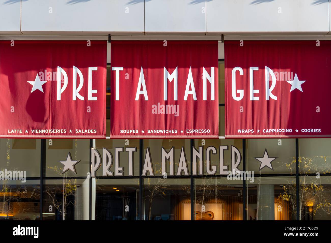 Sign and logo of a Pret A Manger restaurant. Pret A Manger, also called