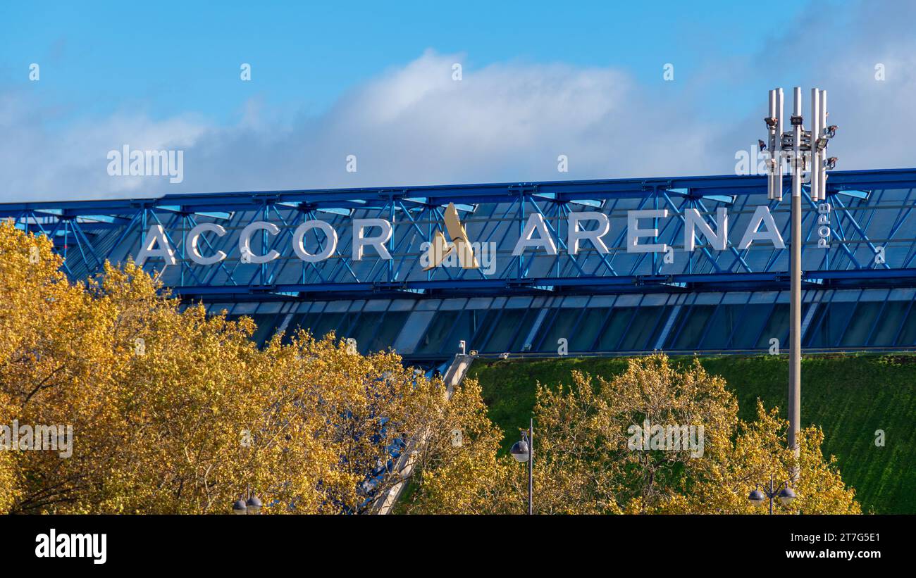 Sign of the Accor Arena also known as Palais Omnisports de Paris-Bercy (POPB) or Bercy Arena, venue hosting sports competitions and concerts Stock Photo