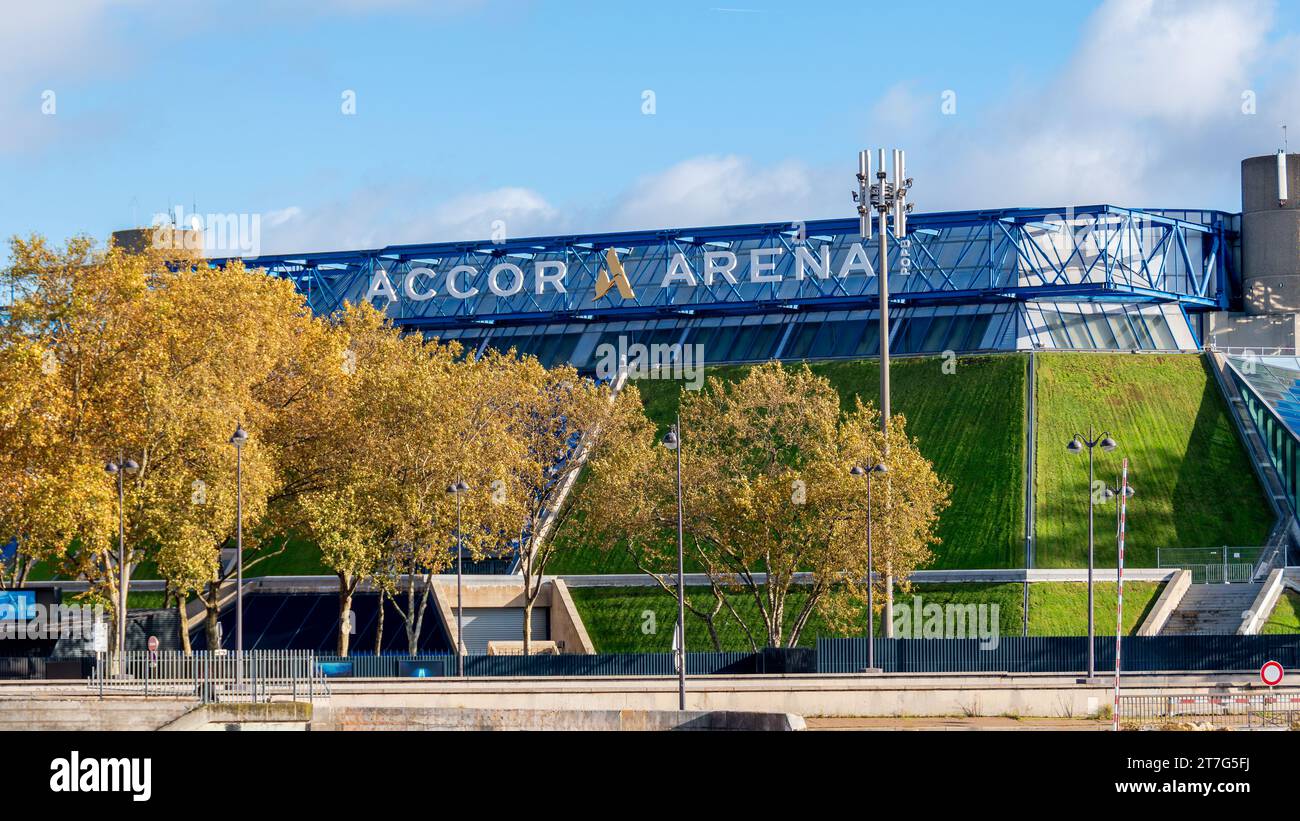 Exterior view of the Accor Arena also known as Palais Omnisports de Paris-Bercy (POPB) or Bercy Arena, venue hosting sports competitions and concerts Stock Photo