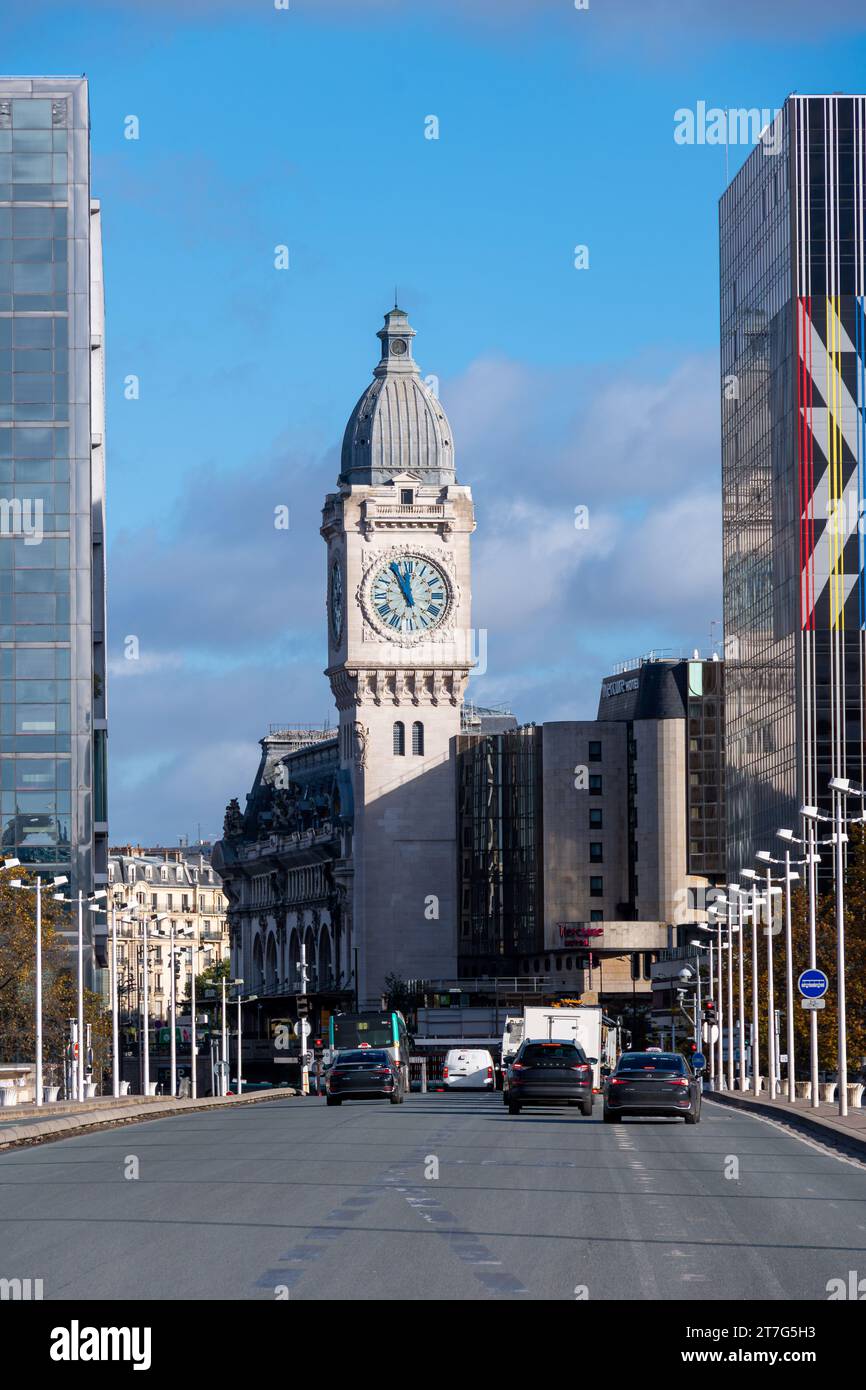 Distant view of the Clock Tower of Gare de Lyon train station, built on the occasion of the 1900 Universal Exhibition in Paris, France Stock Photo