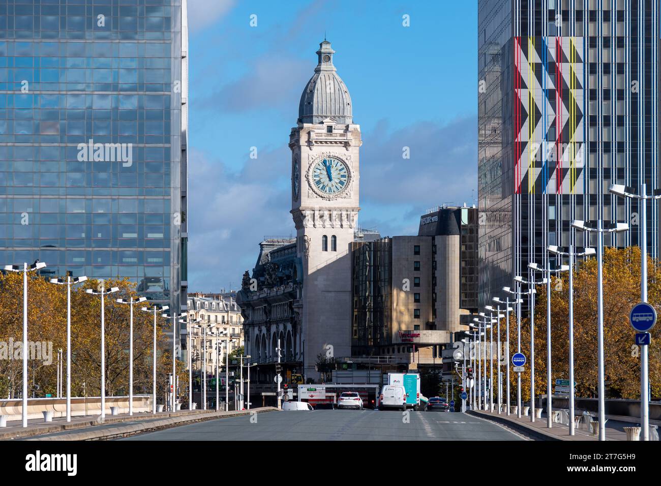 Distant view of the Clock Tower of Gare de Lyon train station, built on the occasion of the 1900 Universal Exhibition in Paris, France Stock Photo