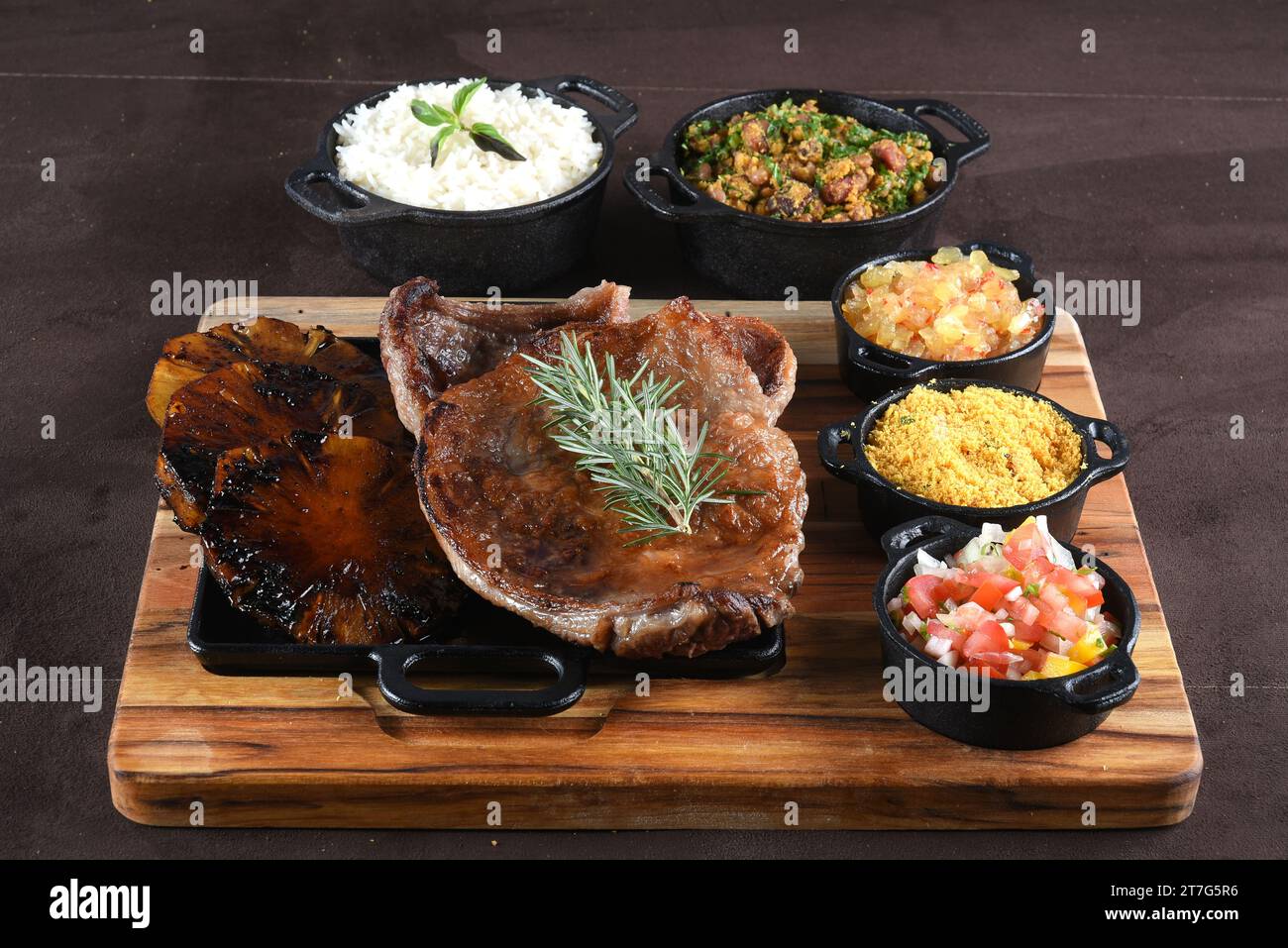 Gourmet Grill Restaurant Steak Menu - New York Beef Steak BBQ on Wooden Background. Black Angus Prime Steak. Roast Beef Steak Dinner Stock Photo