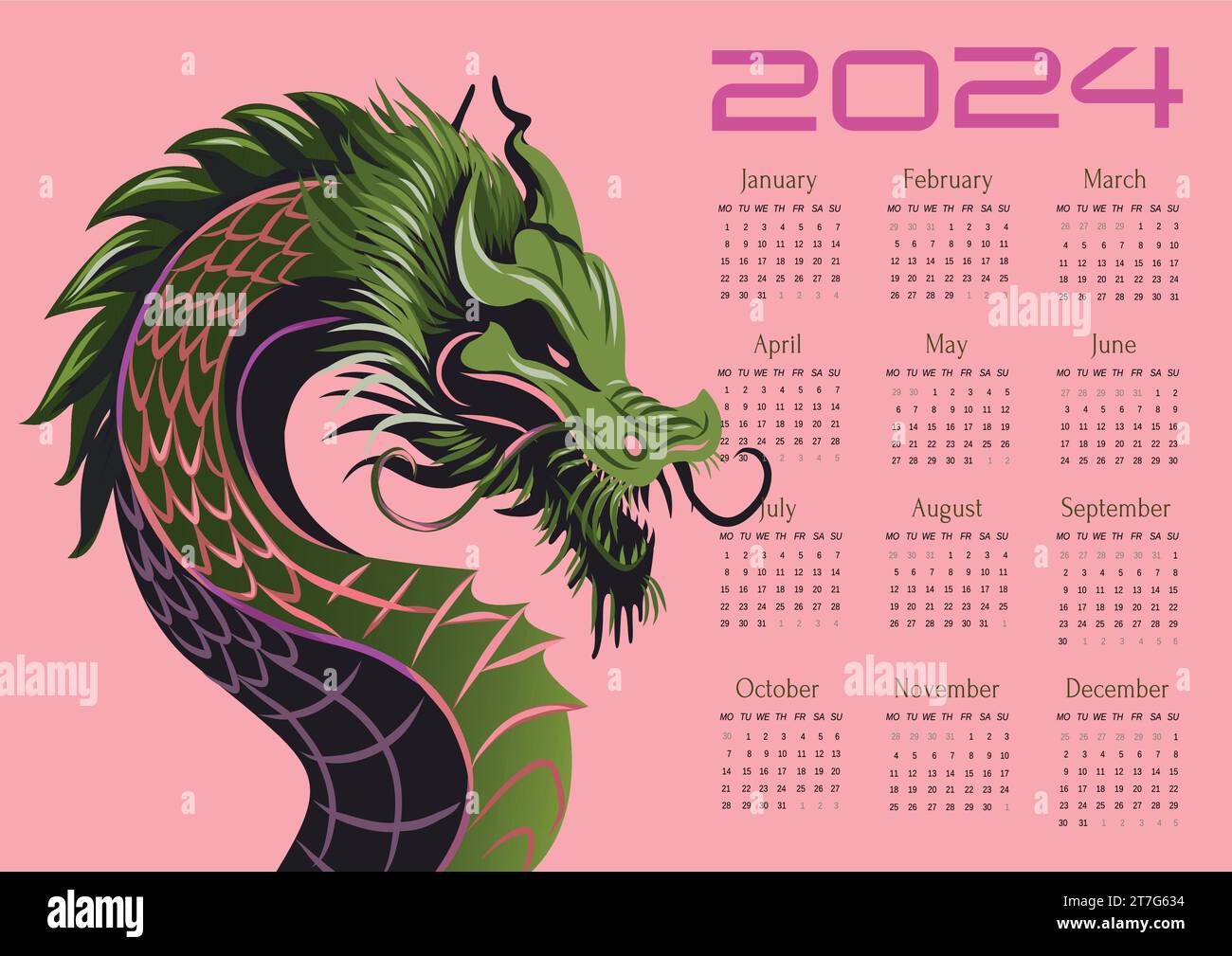 Calendar Dragon 2024. Vector poster calendar oriental Chinese New Year