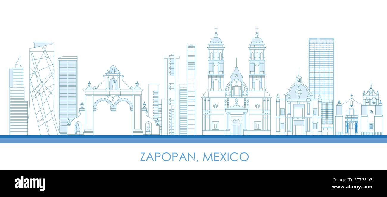 Outline Skyline panorama of city of Zapopan, Mexico - vector illustration Stock Vector