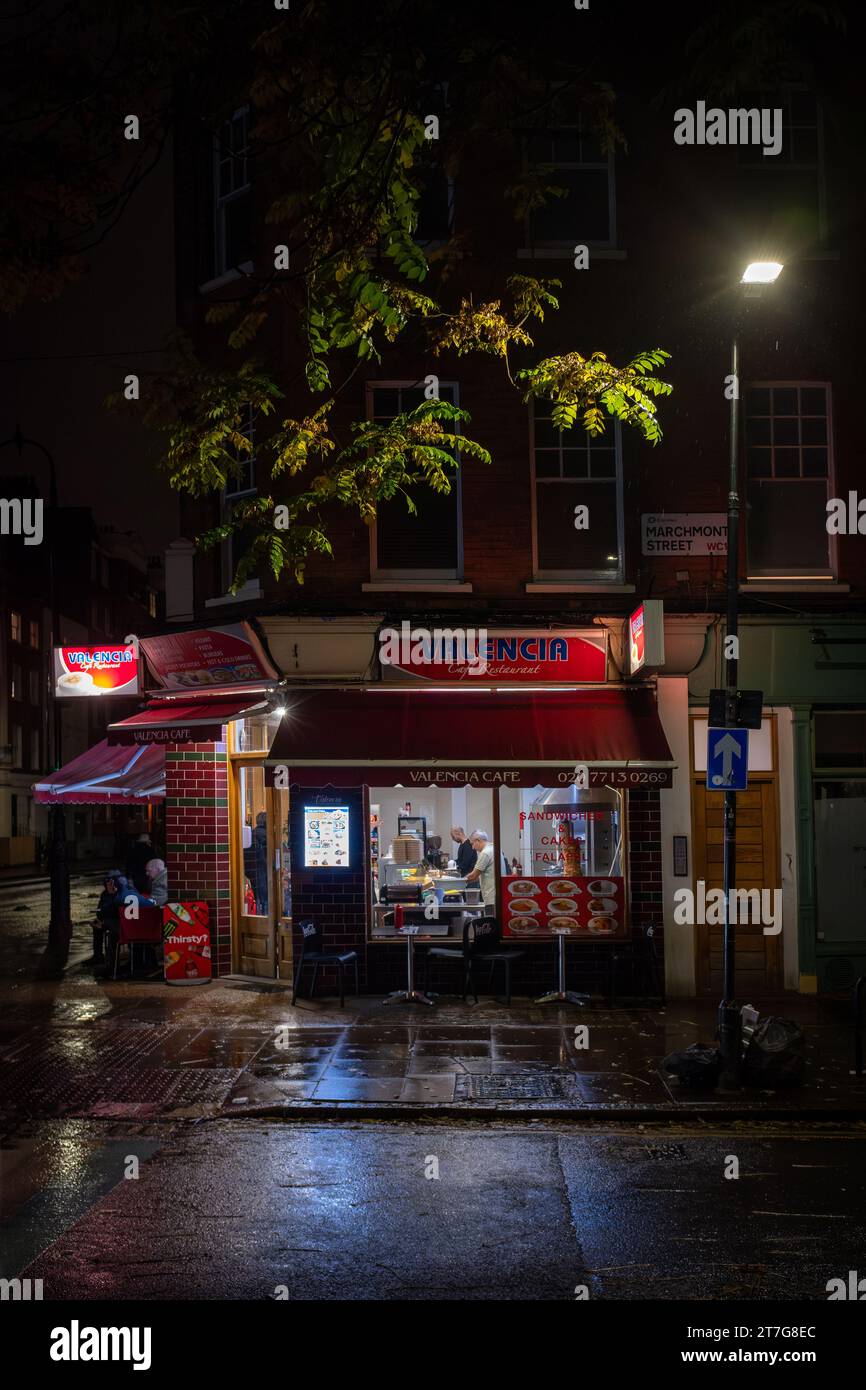 Valencia Cafe at night, Marchmont Street, Bloomsbury, London, UK Stock Photo