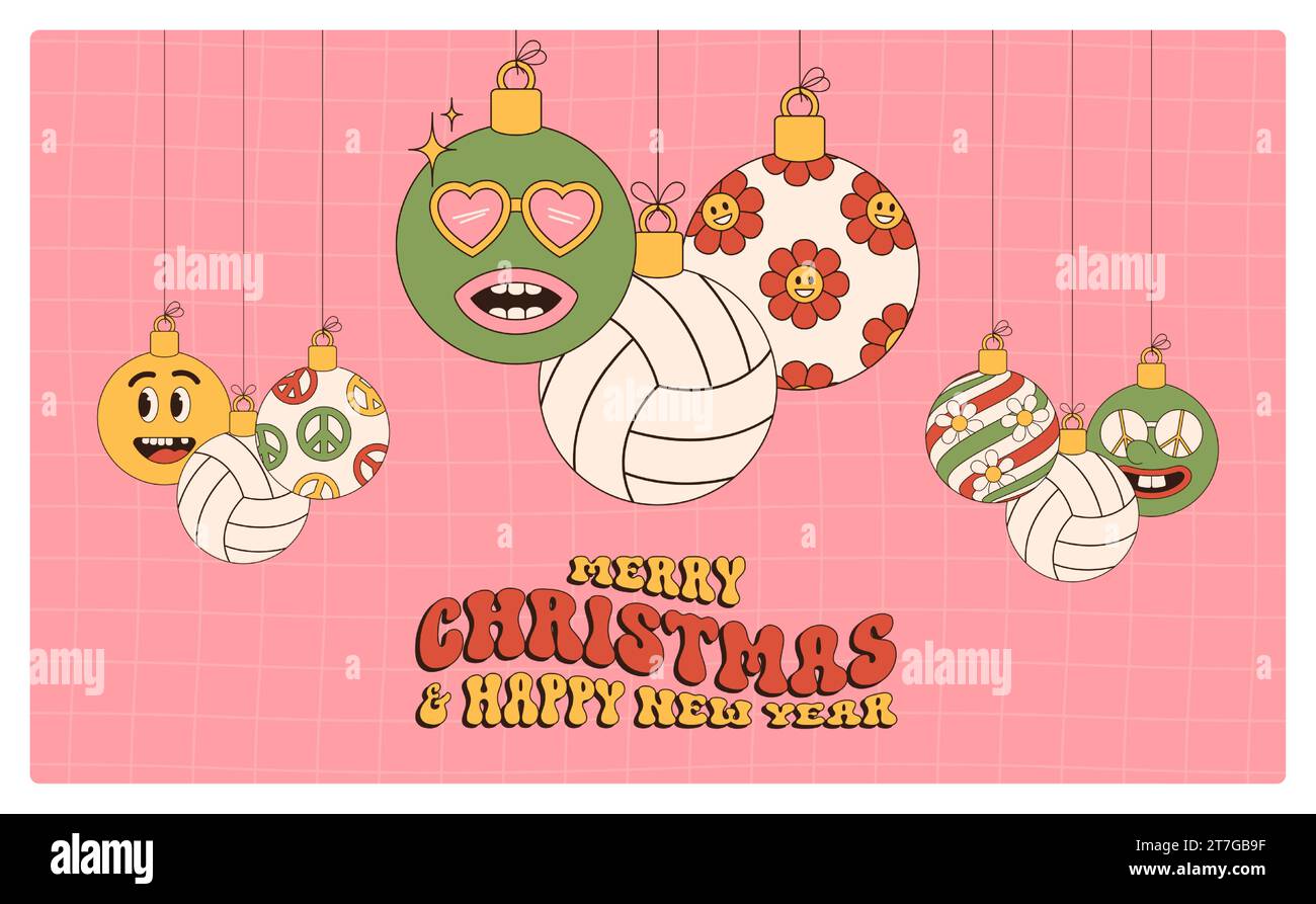 volleyball Merry Christmas and Happy New Year groovy Sports greeting