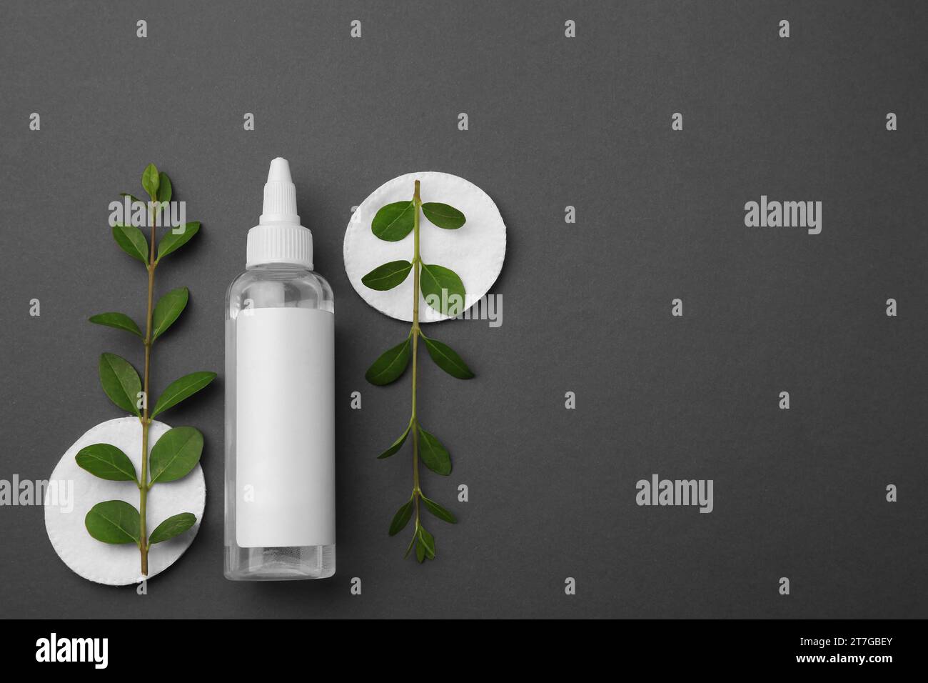 Flat lay composition with makeup remover on dark grey background. Space ...